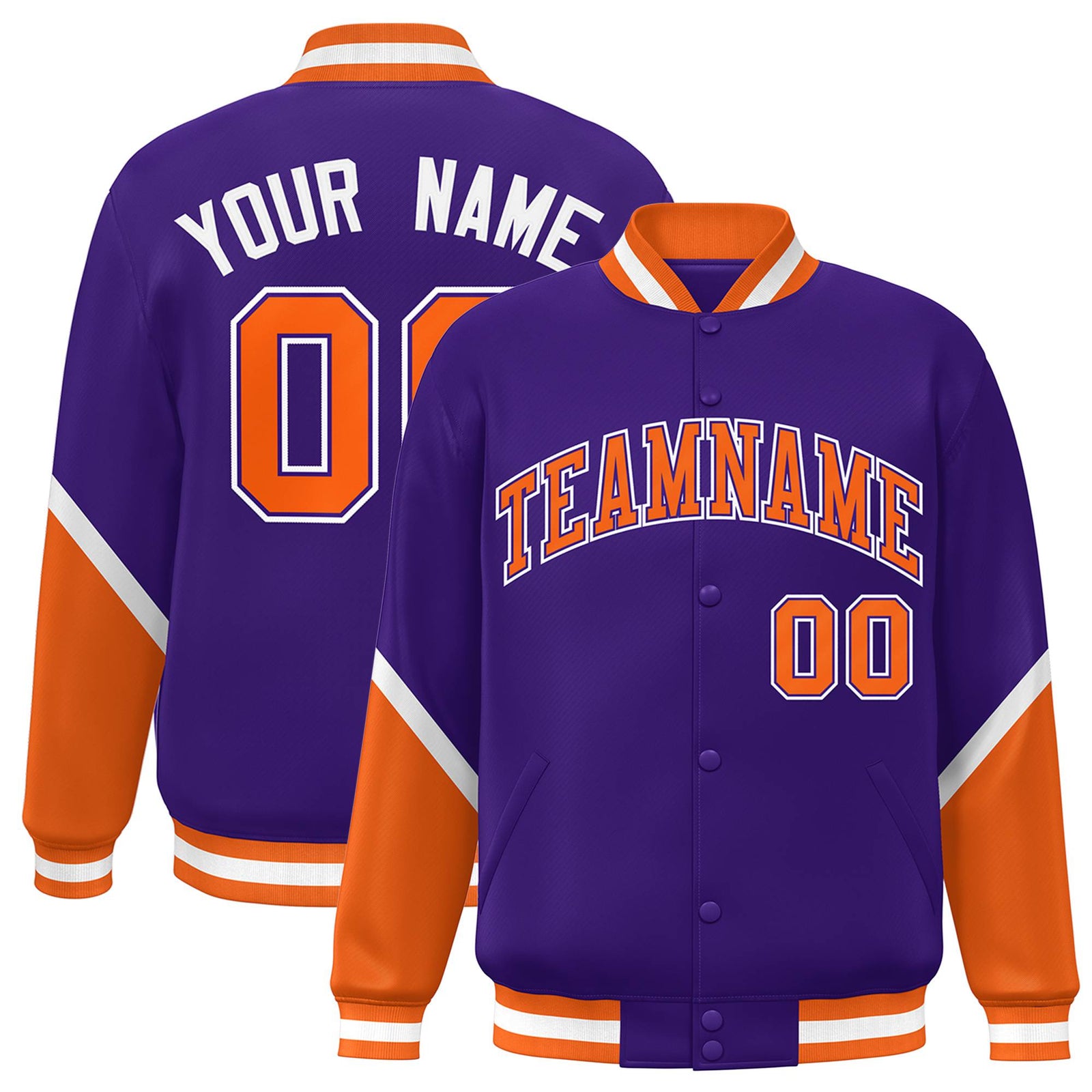 Custom Purple Orange-White Varsity Full-Snap Color Block Letterman Jacket