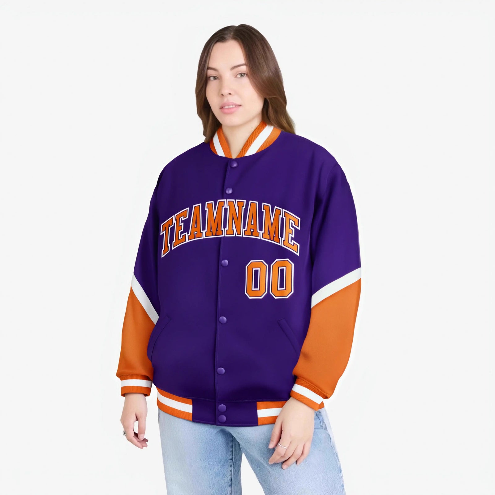 Custom Purple Orange-White Varsity Full-Snap Color Block Letterman Jacket