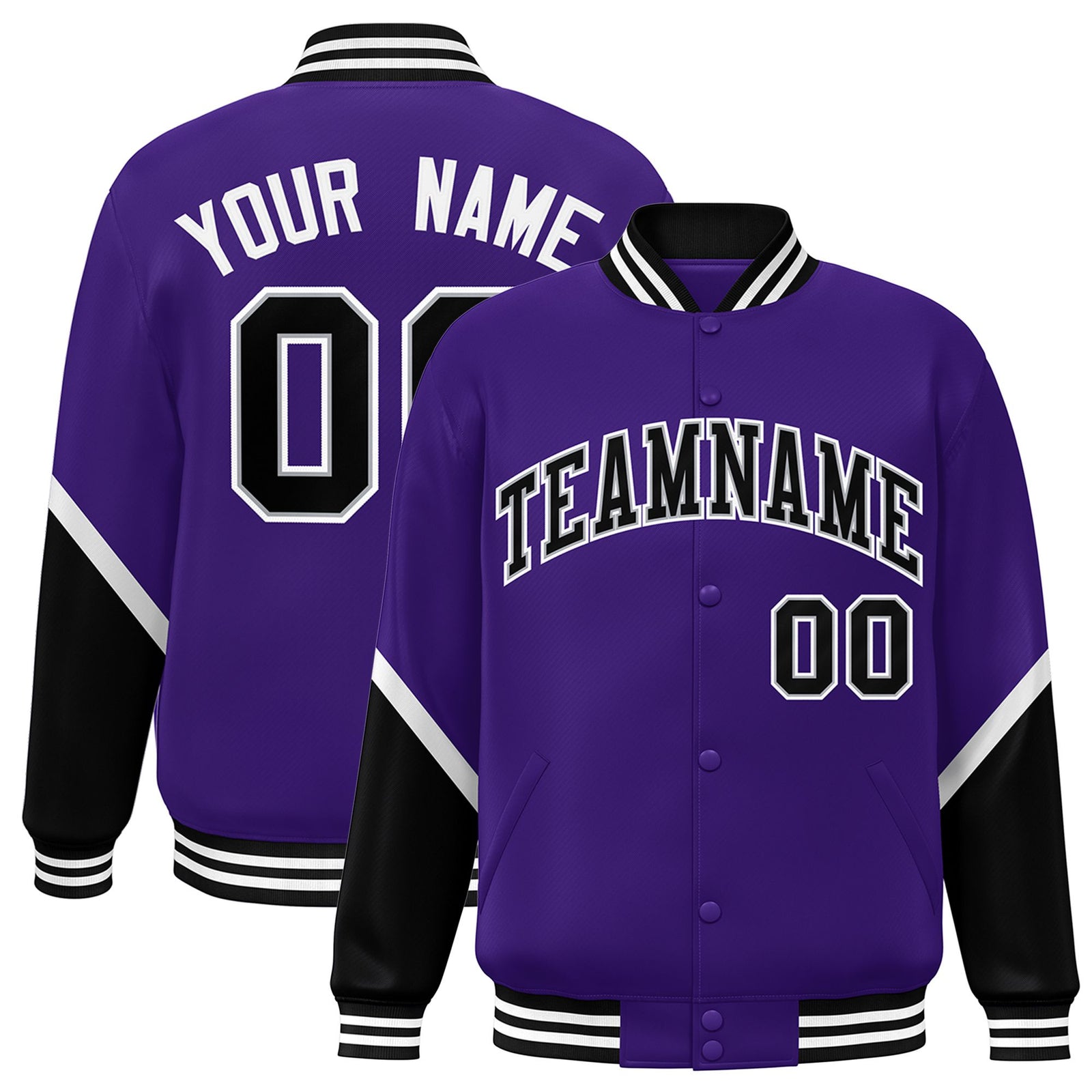 Custom Purple Black-White Varsity Full-Snap Color Block Letterman Jacket