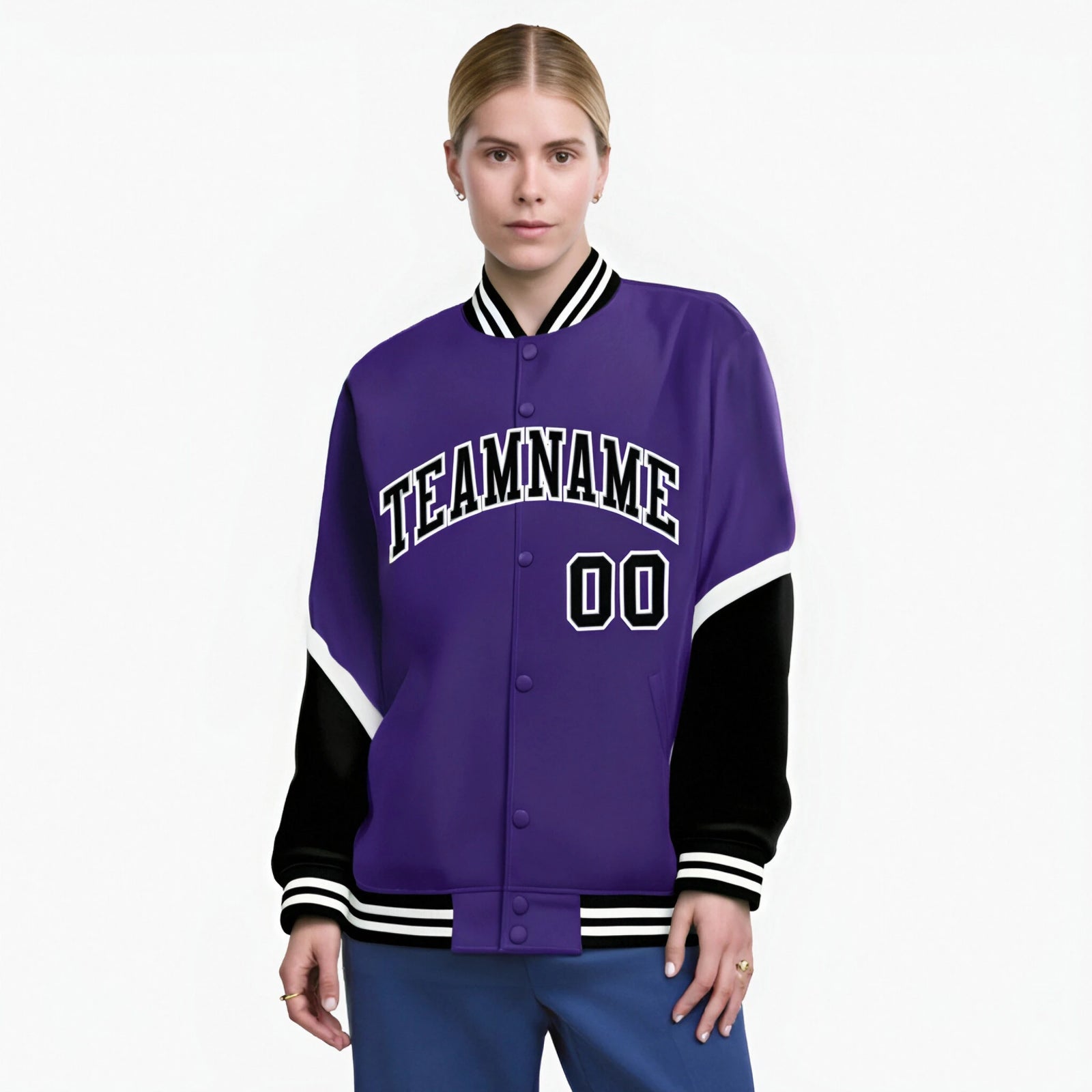 Custom Purple Black-White Varsity Full-Snap Color Block Letterman Jacket
