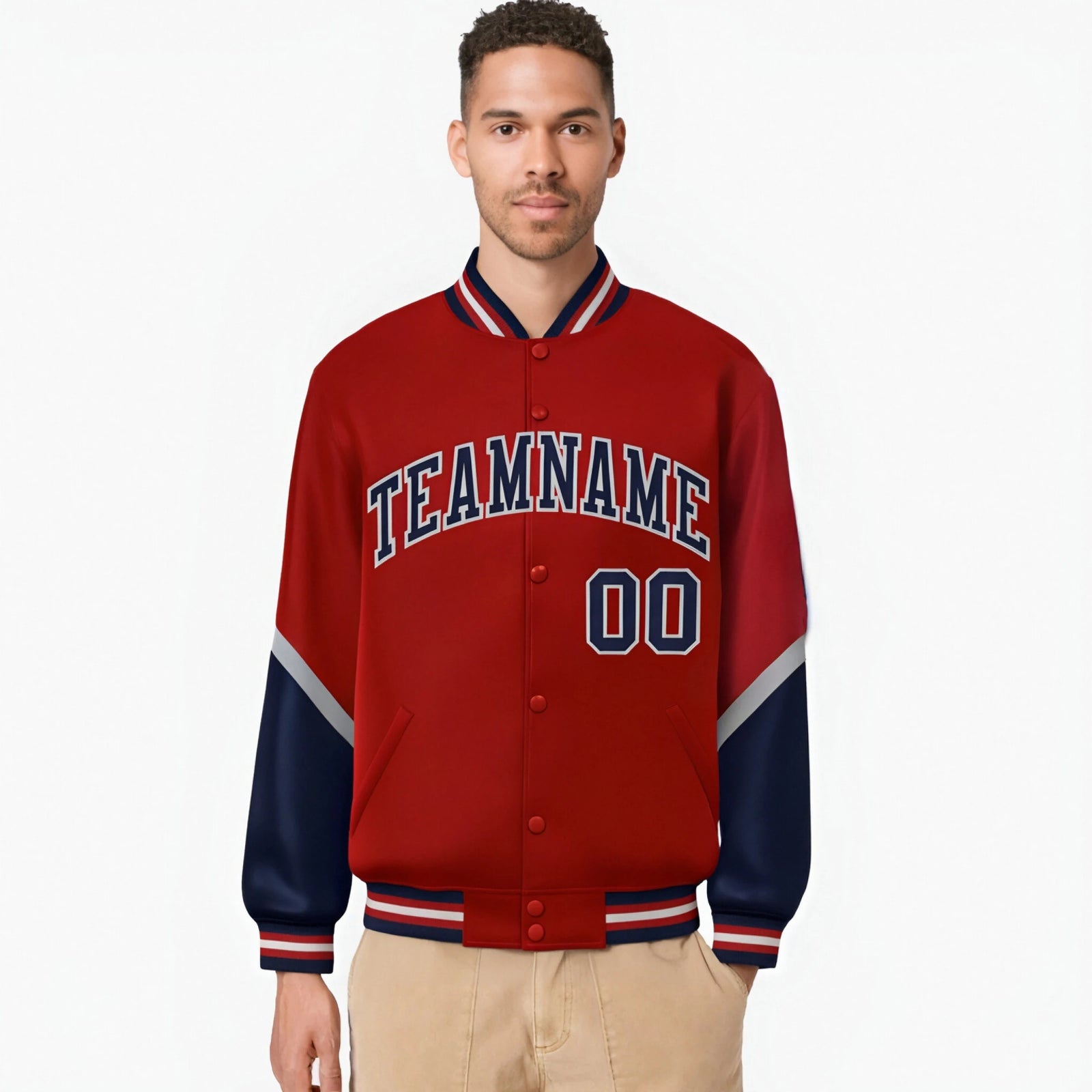 Custom Red Navy-Gray Varsity Full-Snap Color Block Letterman Jacket