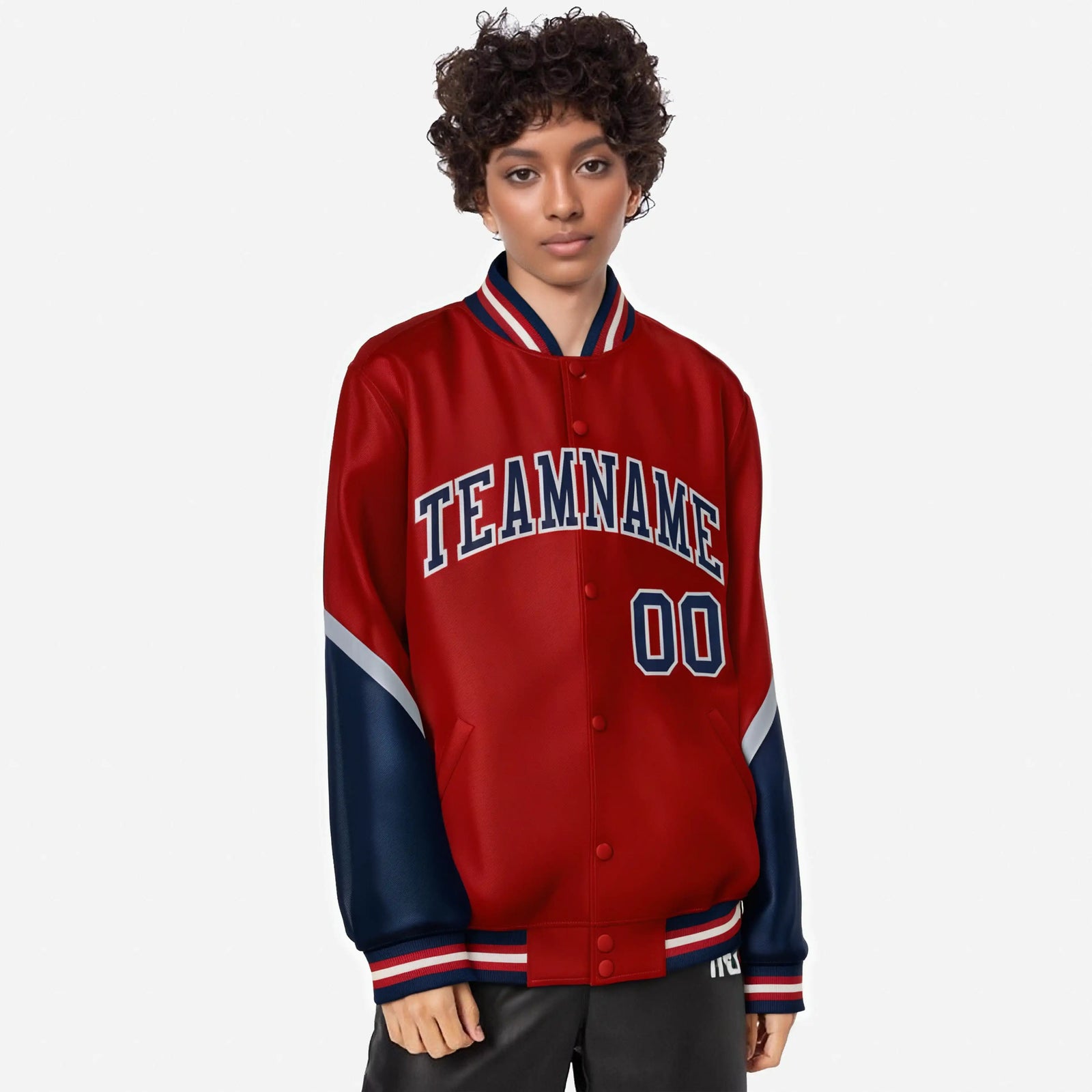 Custom Red Navy-Gray Varsity Full-Snap Color Block Letterman Jacket