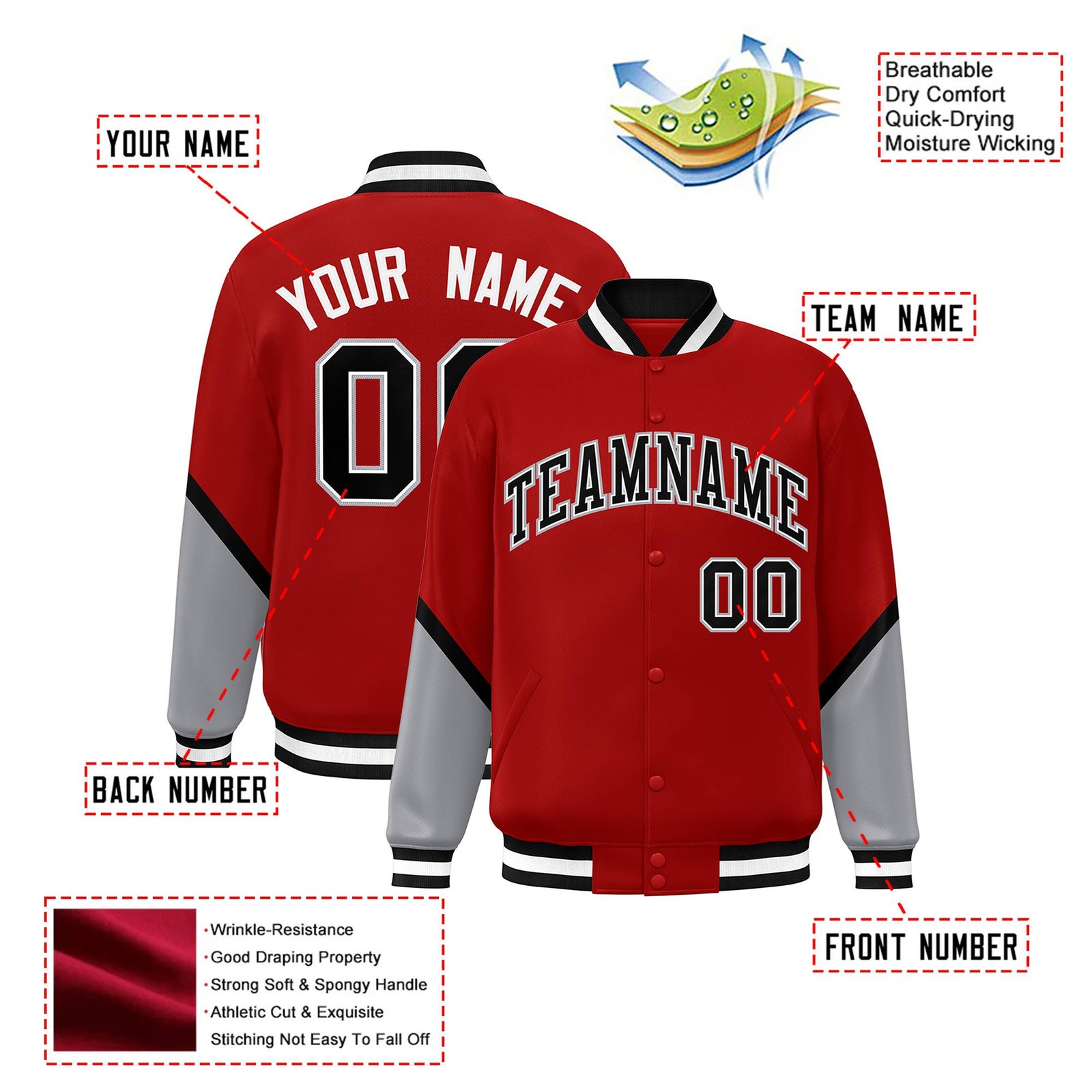 Custom Red Gray-Black Varsity Full-Snap Color Block Letterman Jacket
