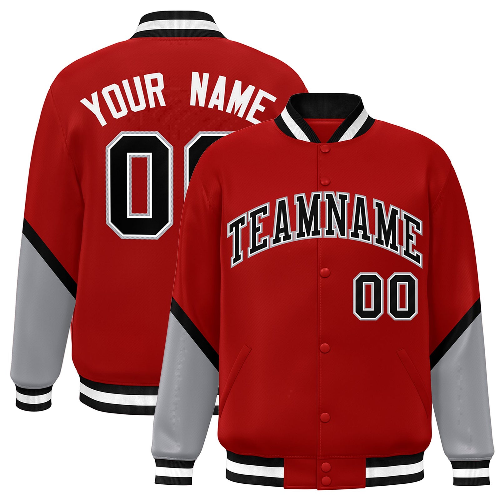 Custom Red Gray-Black Varsity Full-Snap Color Block Letterman Jacket