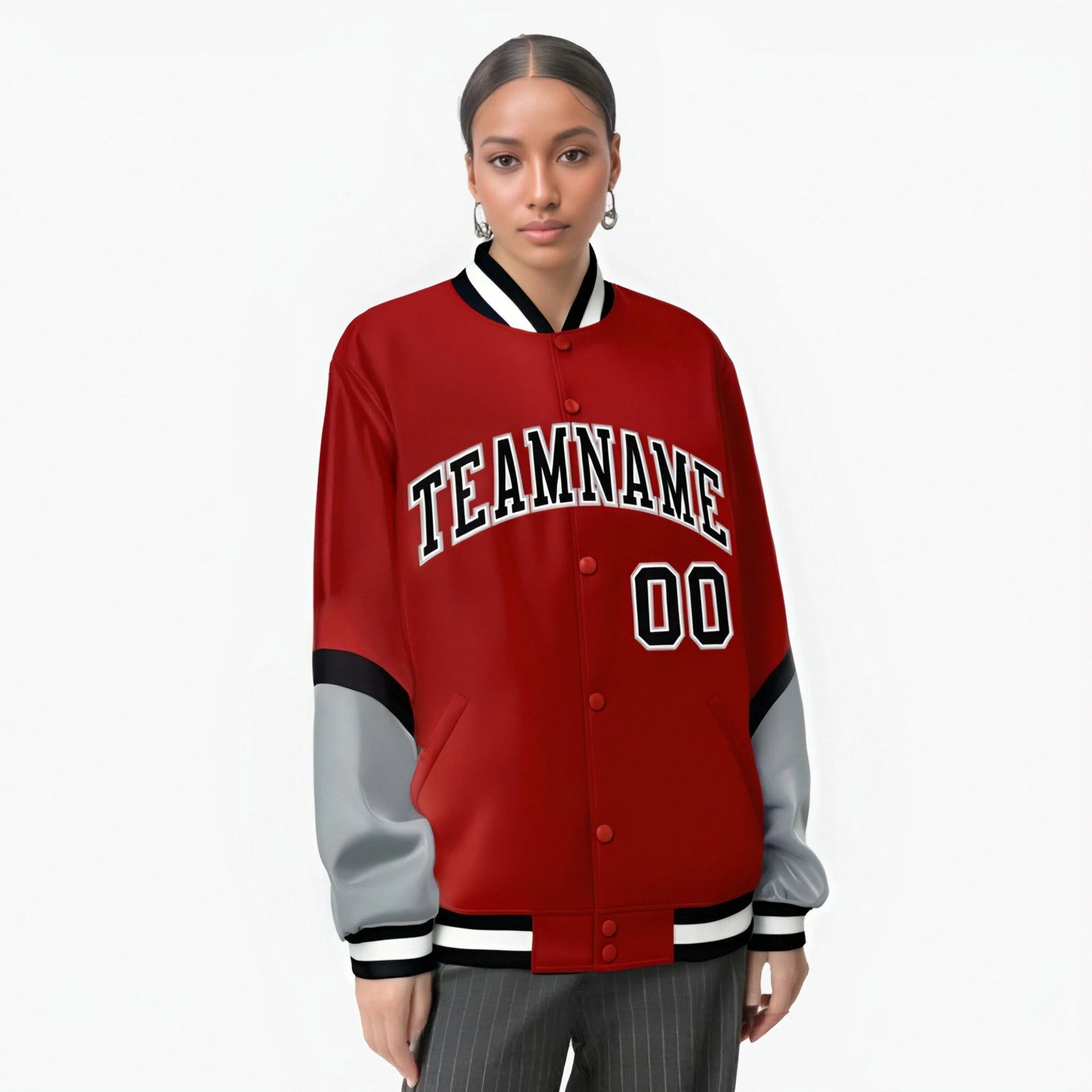 Custom Red Gray-Black Varsity Full-Snap Color Block Letterman Jacket