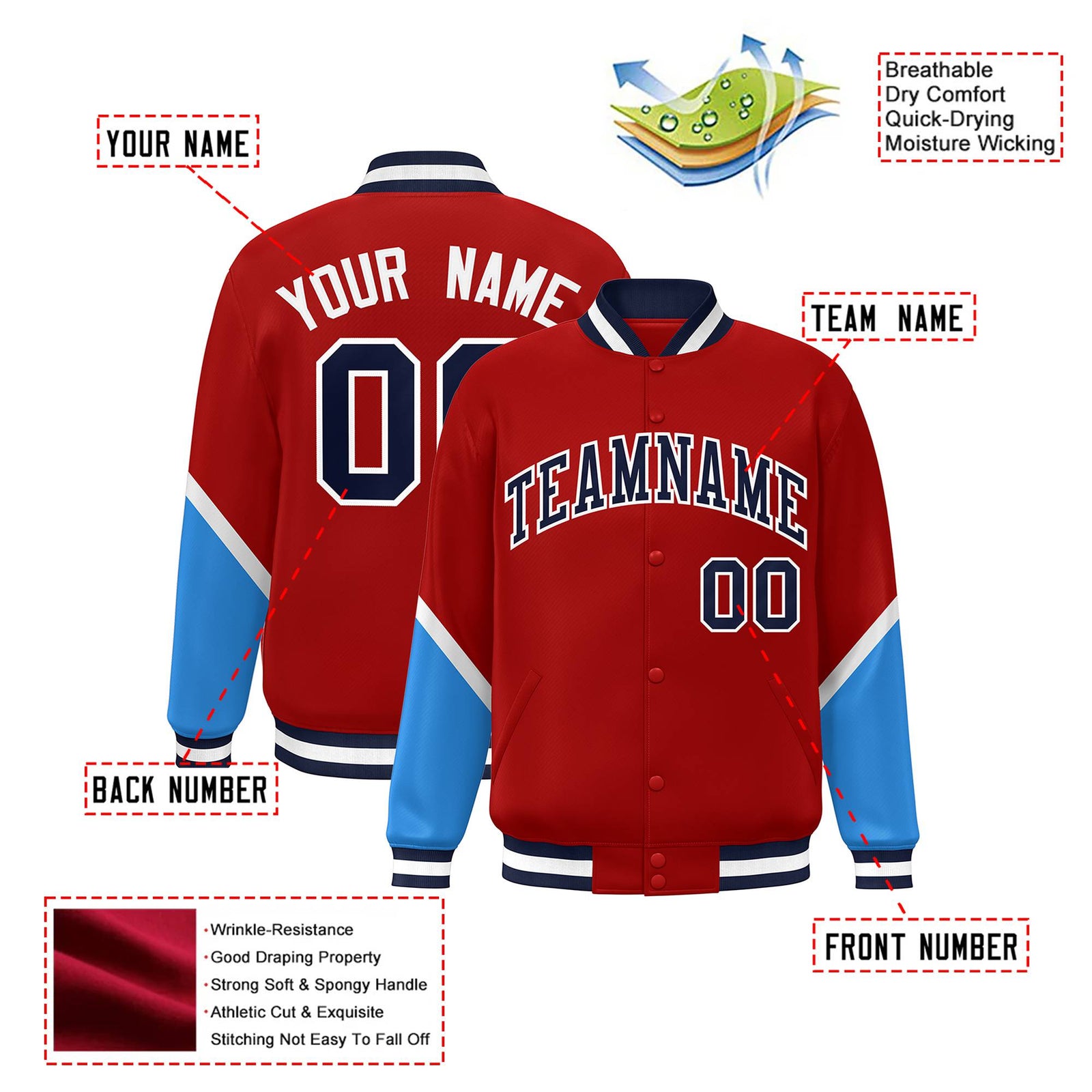 Custom Red Powder Blue-White Varsity Full-Snap Color Block Letterman Jacket