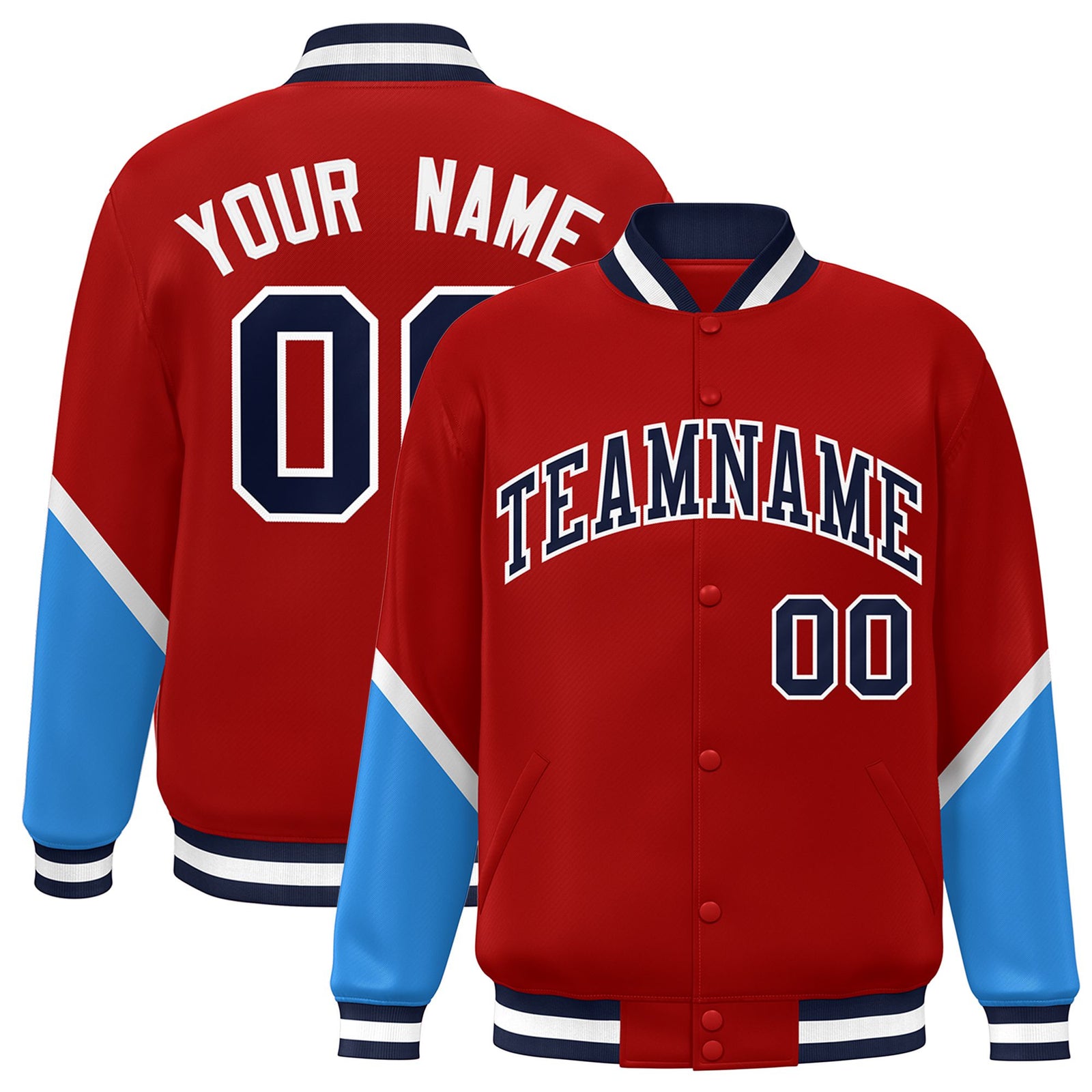 Custom Red Powder Blue-White Varsity Full-Snap Color Block Letterman Jacket