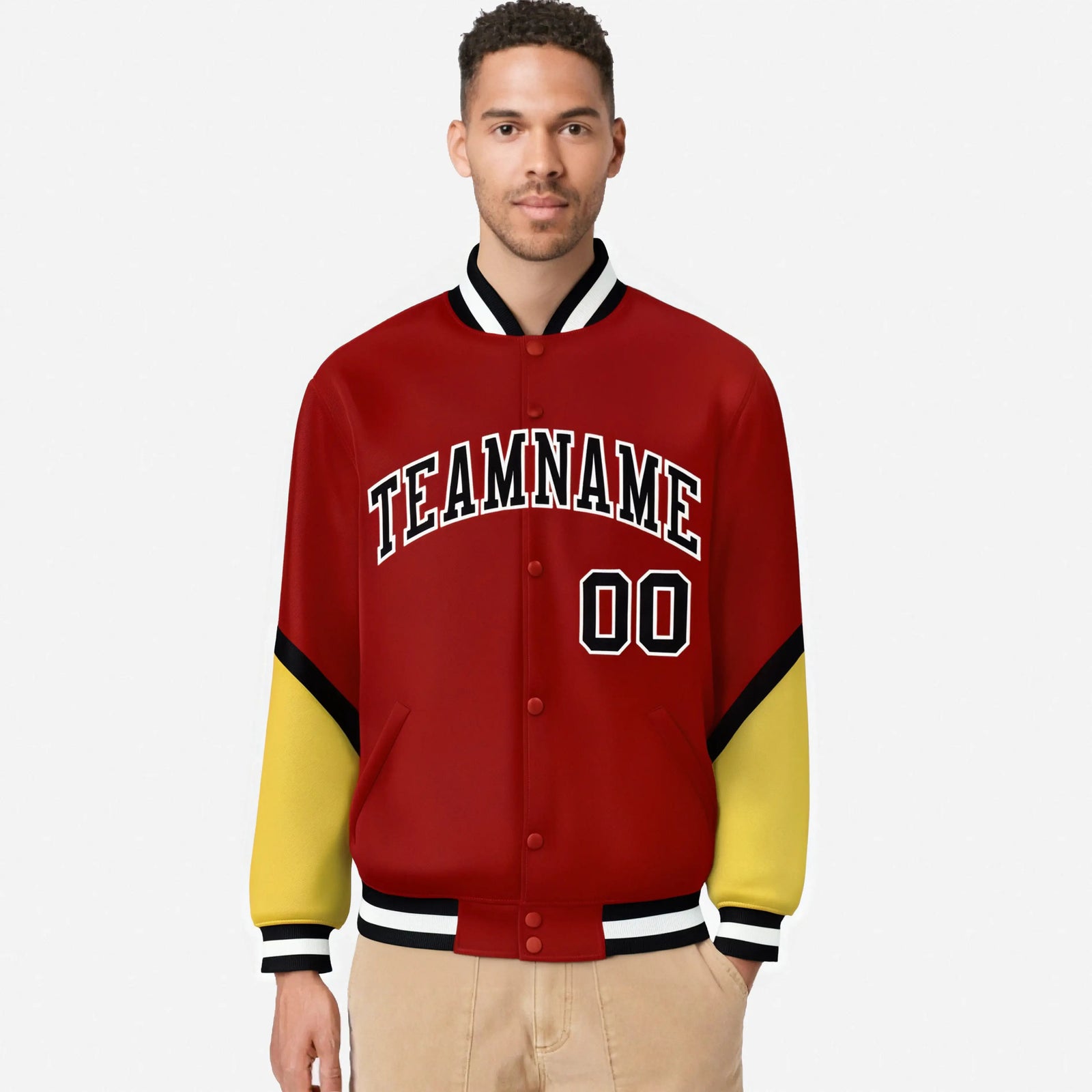 Custom Red Gold-Black Varsity Full-Snap Color Block Letterman Jacket