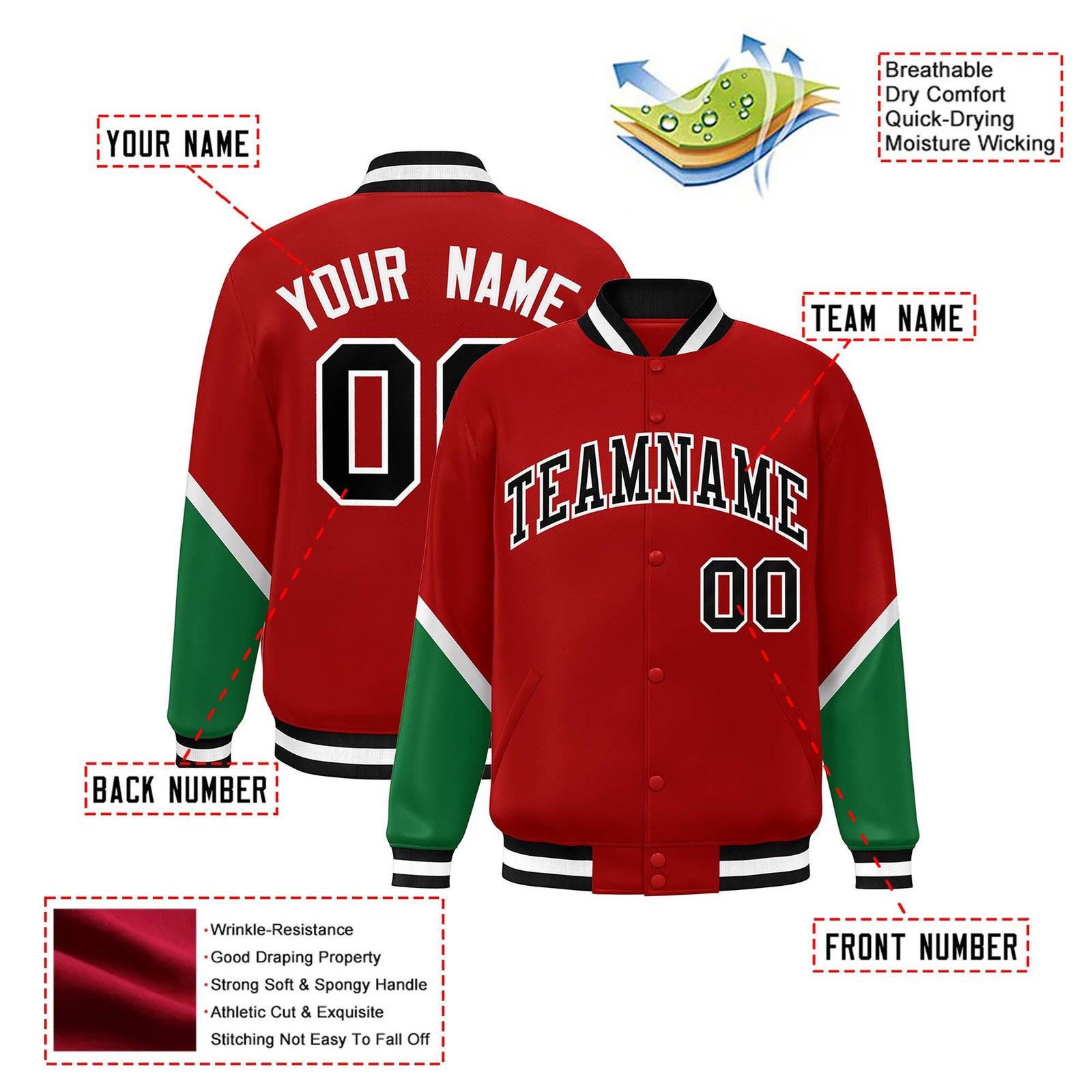 Custom Red Kelly Green-White Varsity Full-Snap Color Block Letterman Jacket