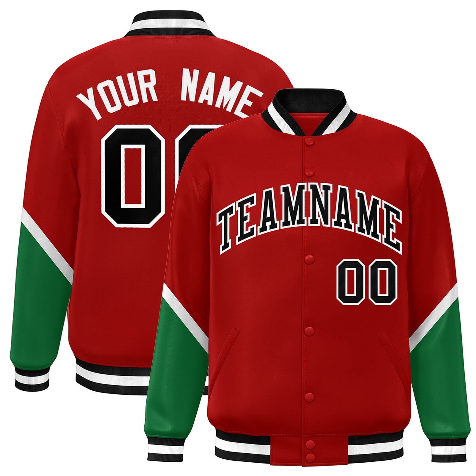 Custom Red Kelly Green-White Varsity Full-Snap Color Block Letterman Jacket