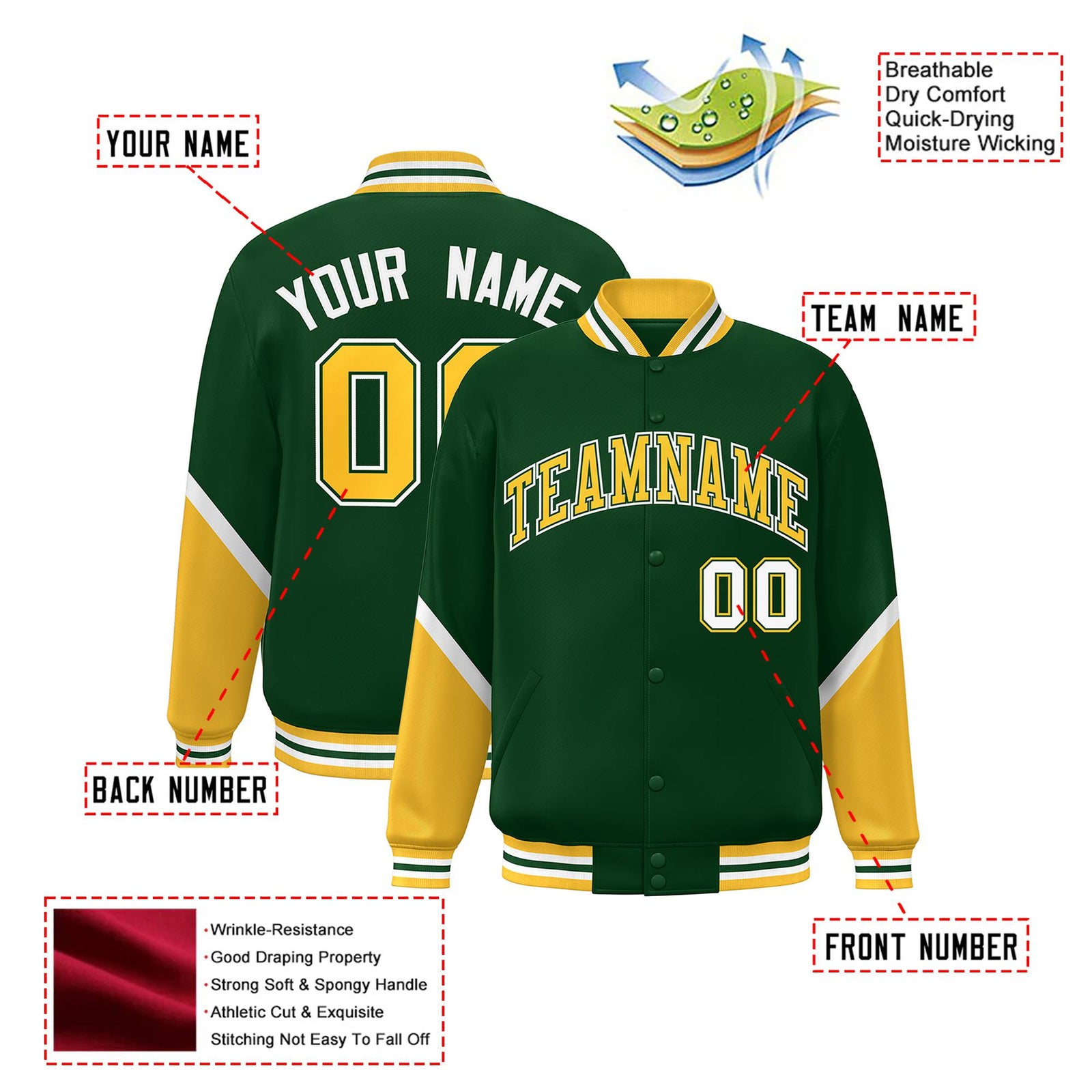 Custom Green Gold-White Varsity Full-Snap Color Block Letterman Jacket