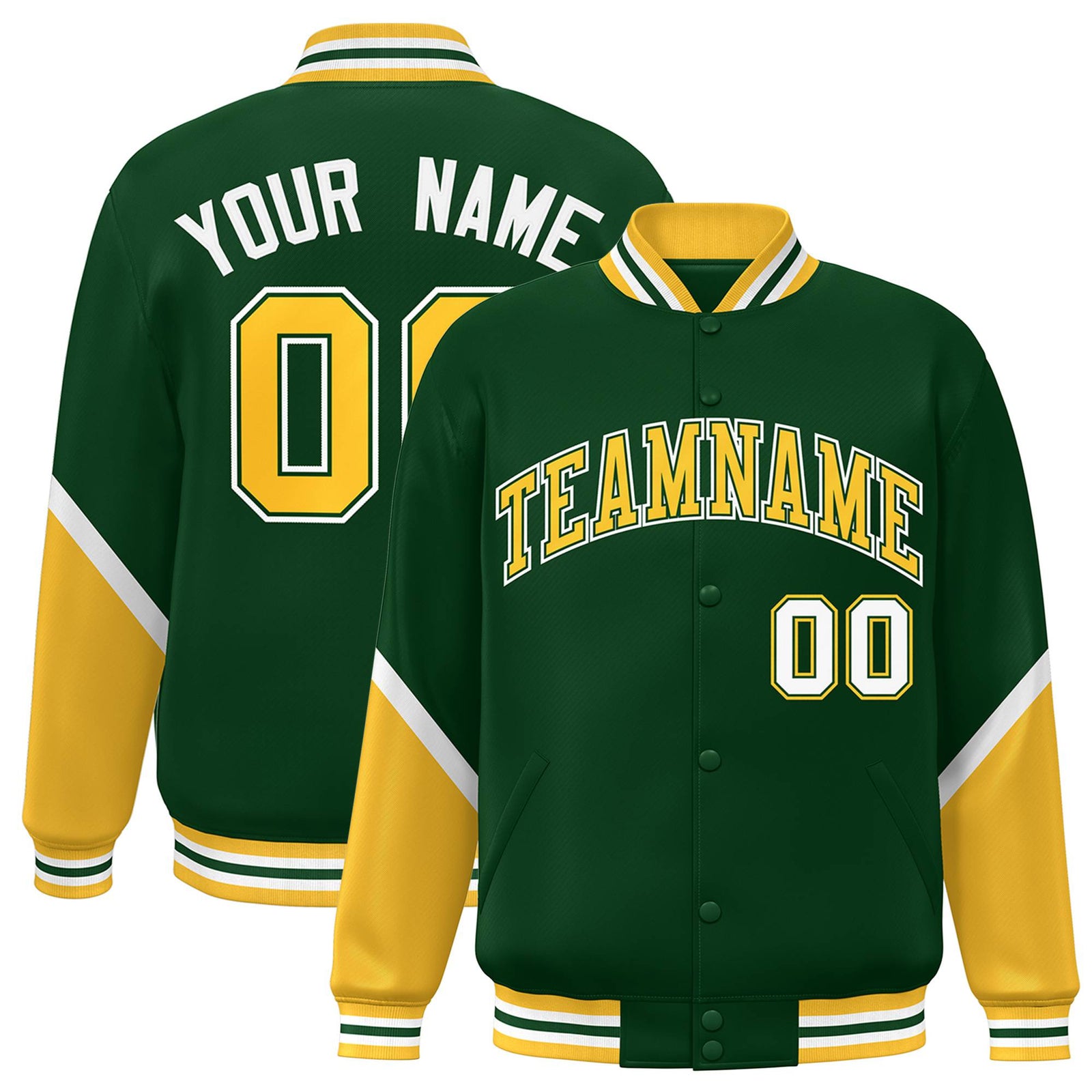 Custom Green Gold-White Varsity Full-Snap Color Block Letterman Jacket