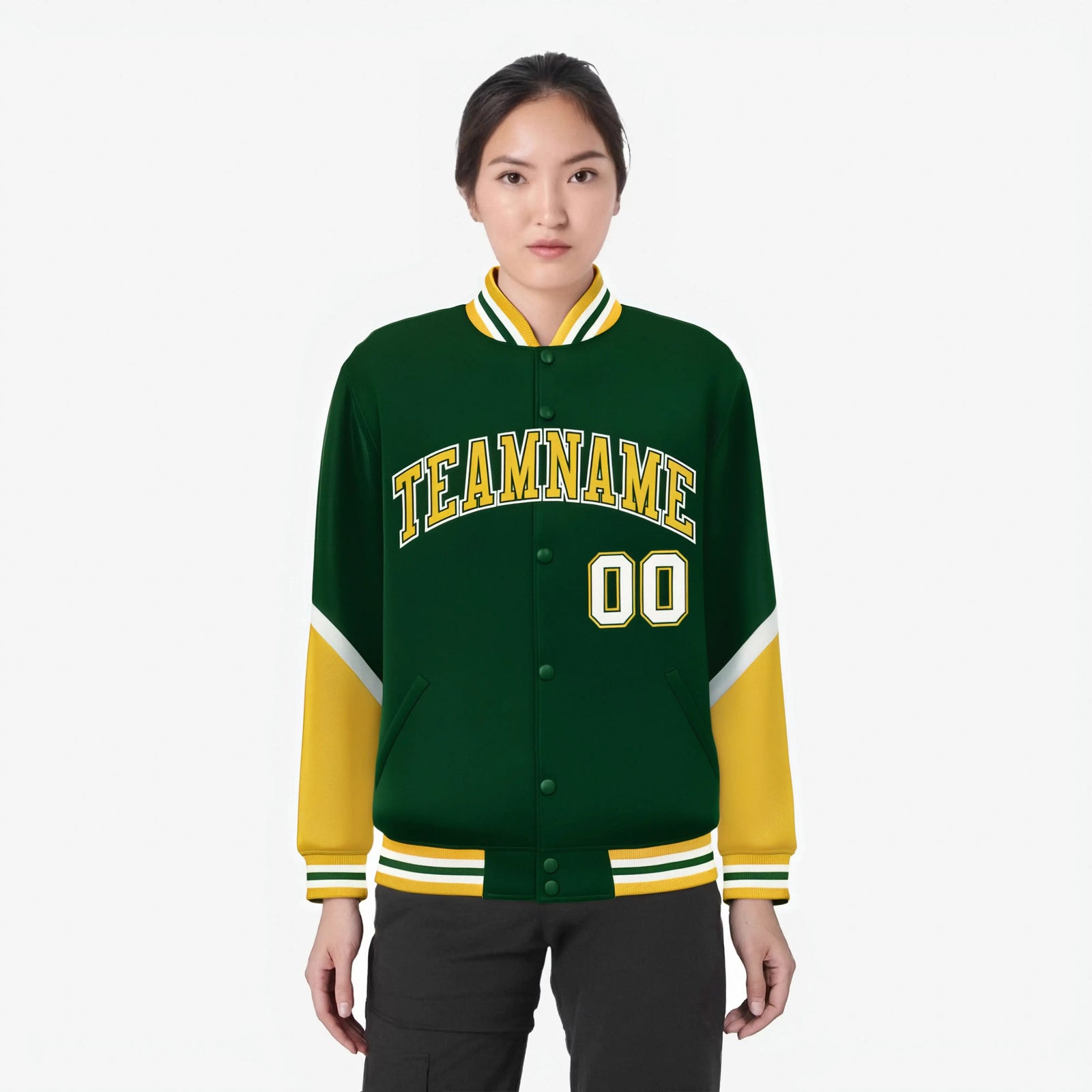 Custom Green Gold-White Varsity Full-Snap Color Block Letterman Jacket