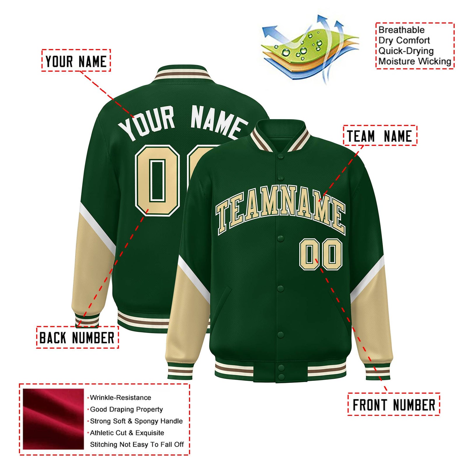 Custom Green Khaki-White Varsity Full-Snap Color Block Letterman Jacket