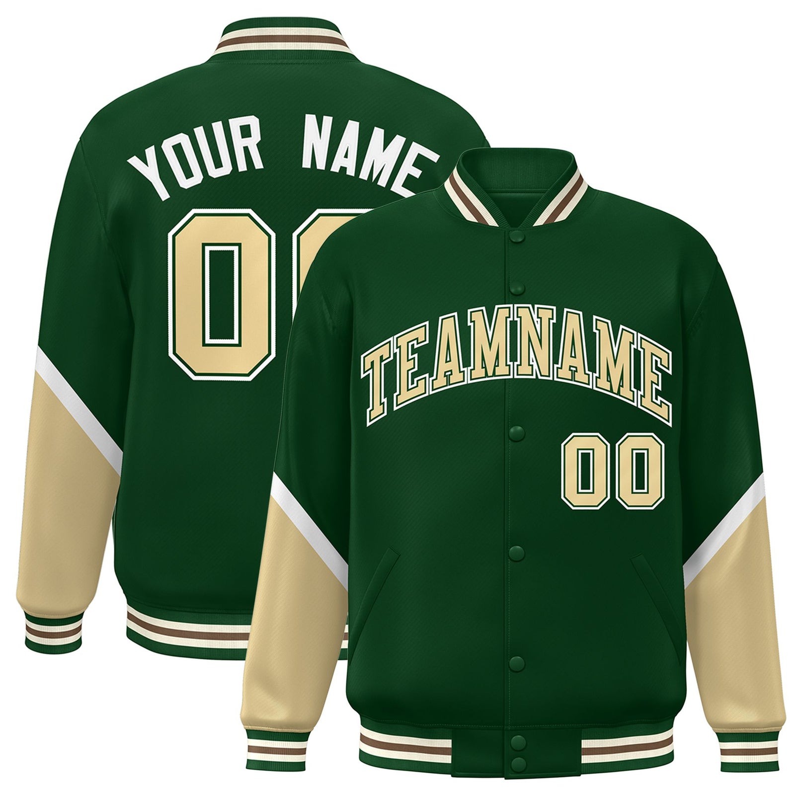 Custom Green Khaki-White Varsity Full-Snap Color Block Letterman Jacket