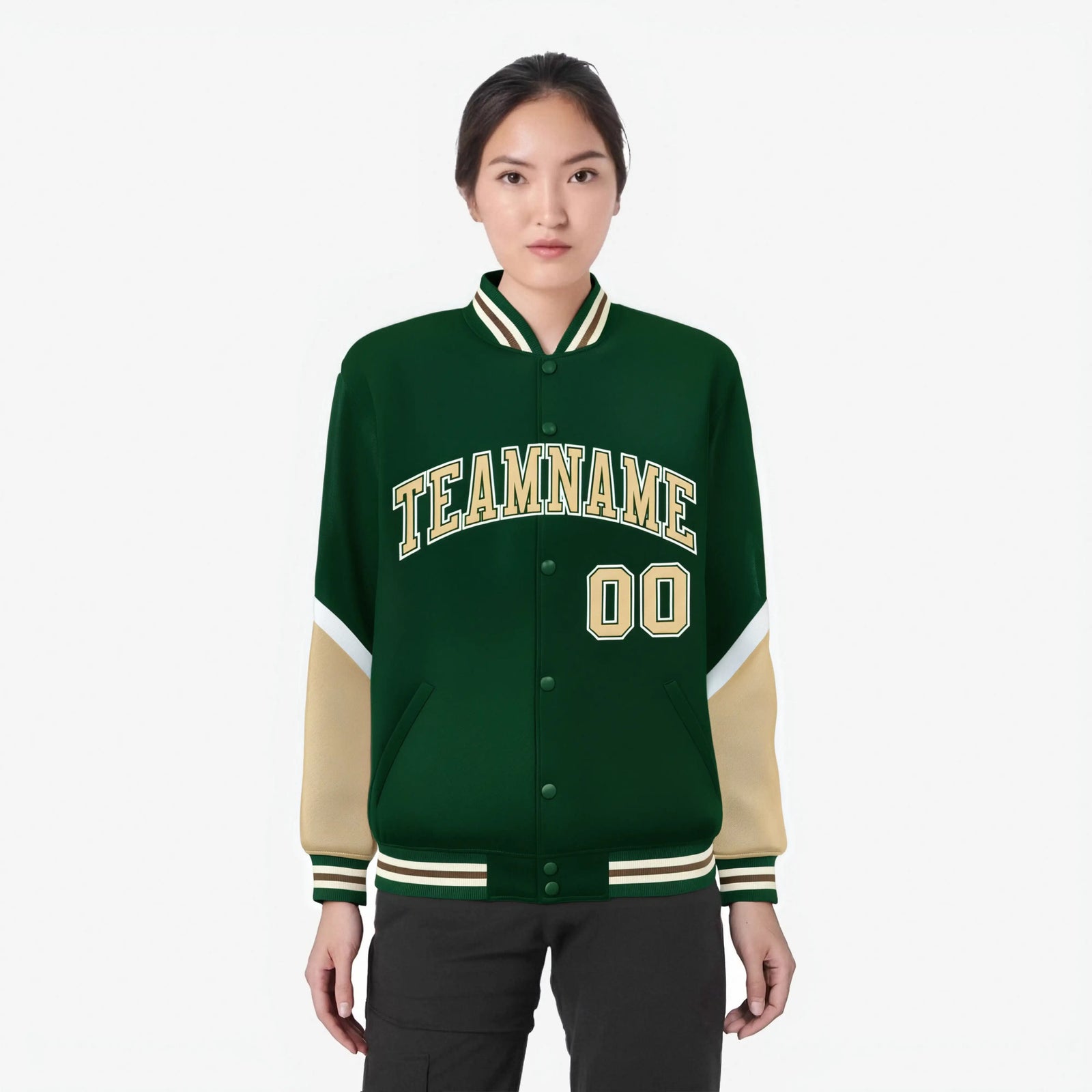 Custom Green Khaki-White Varsity Full-Snap Color Block Letterman Jacket