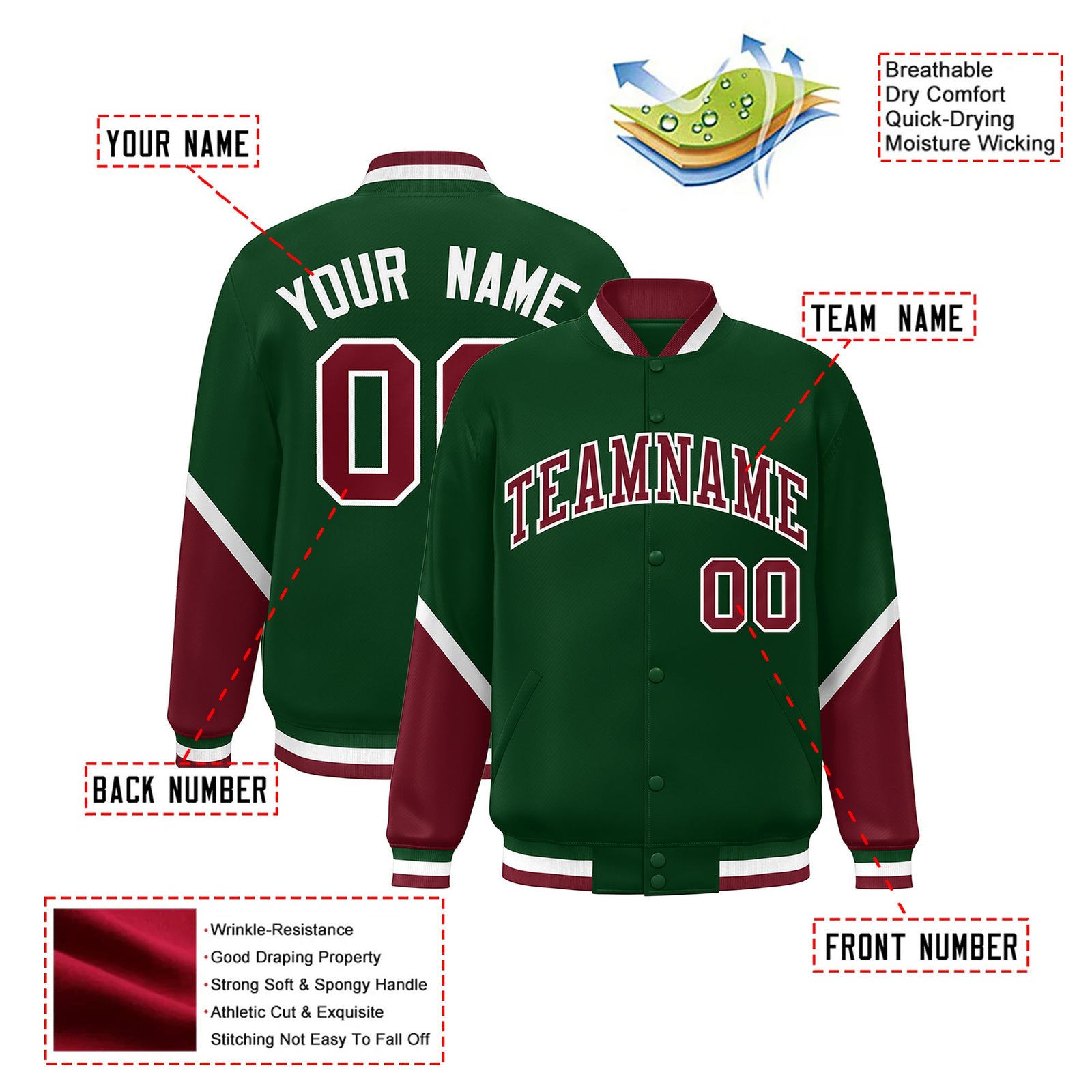 Custom Green Crimson-White Varsity Full-Snap Color Block Letterman Jacket