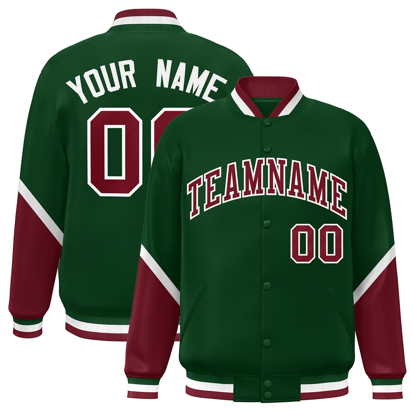 Custom Green Crimson-White Varsity Full-Snap Color Block Letterman Jacket