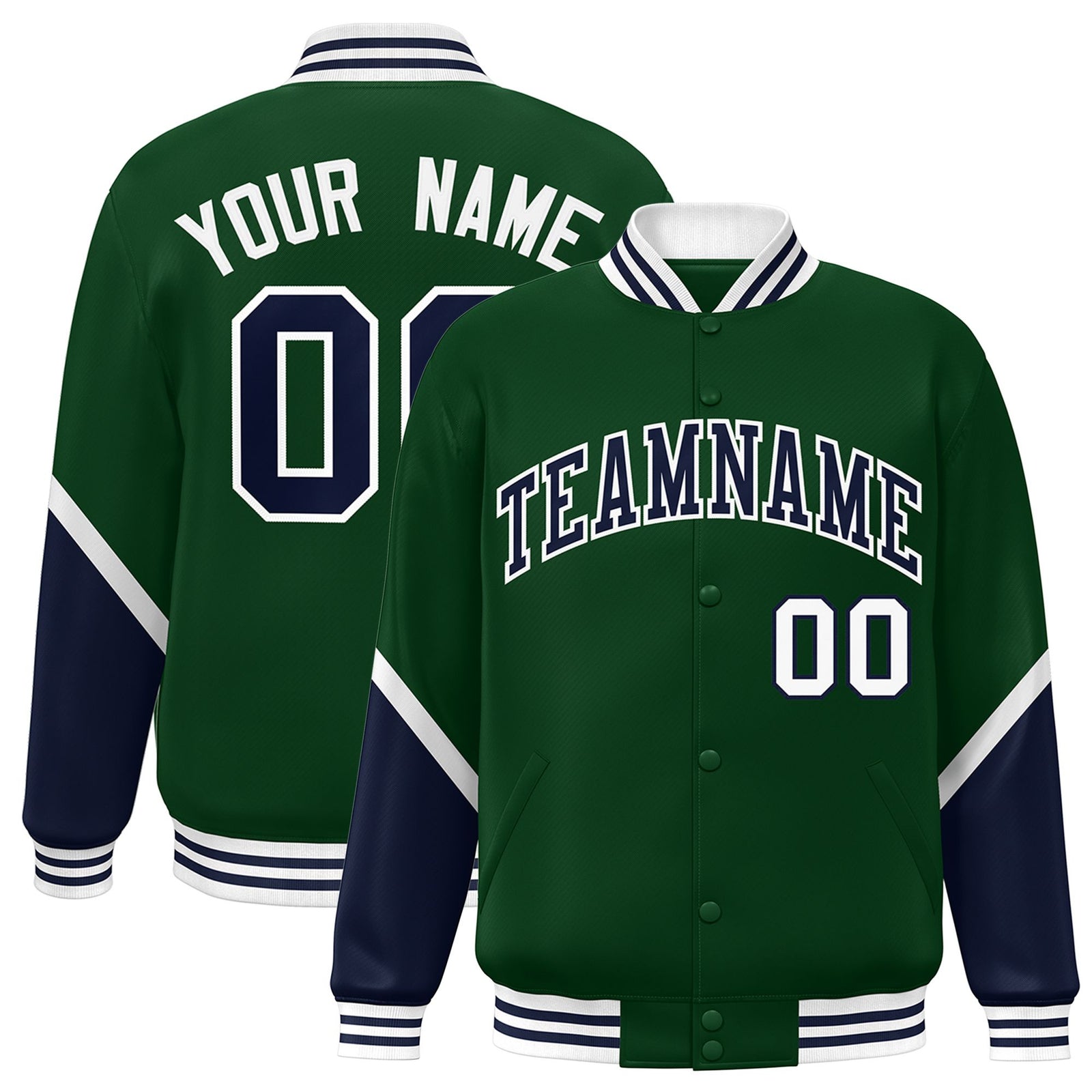 Custom Green Purple-White Varsity Full-Snap Color Block Letterman Jacket