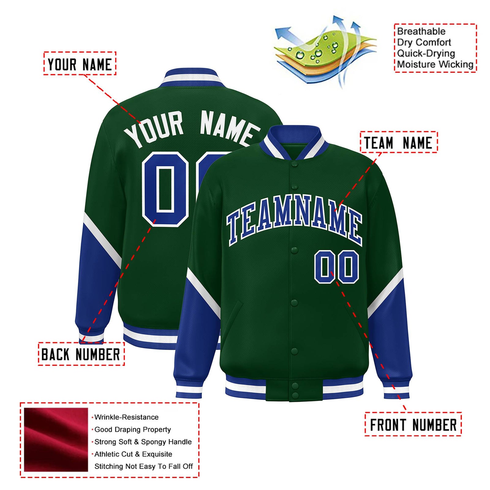 Custom Green Royal Blue-White Varsity Full-Snap Color Block Letterman Jacket