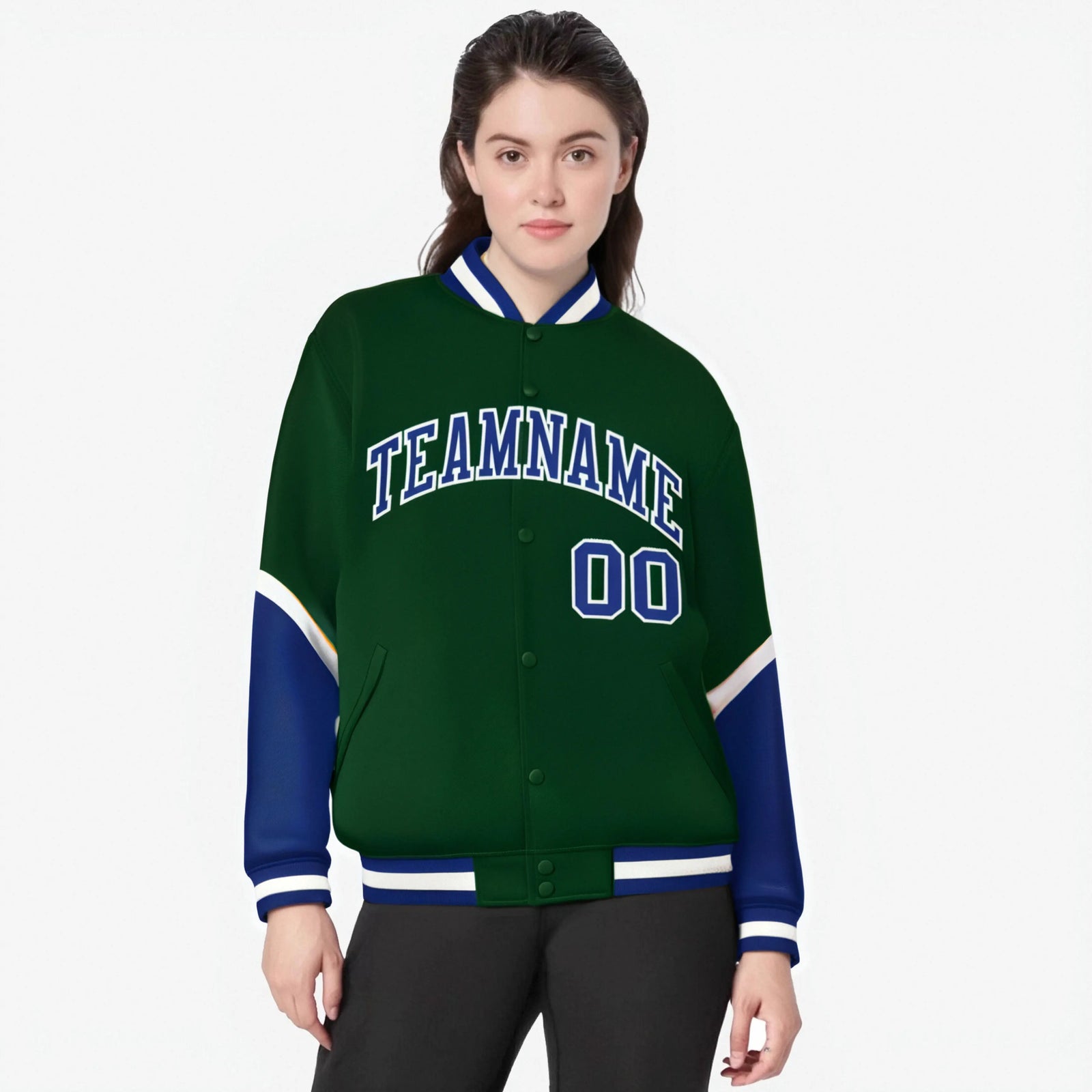 Custom Green Royal Blue-White Varsity Full-Snap Color Block Letterman Jacket