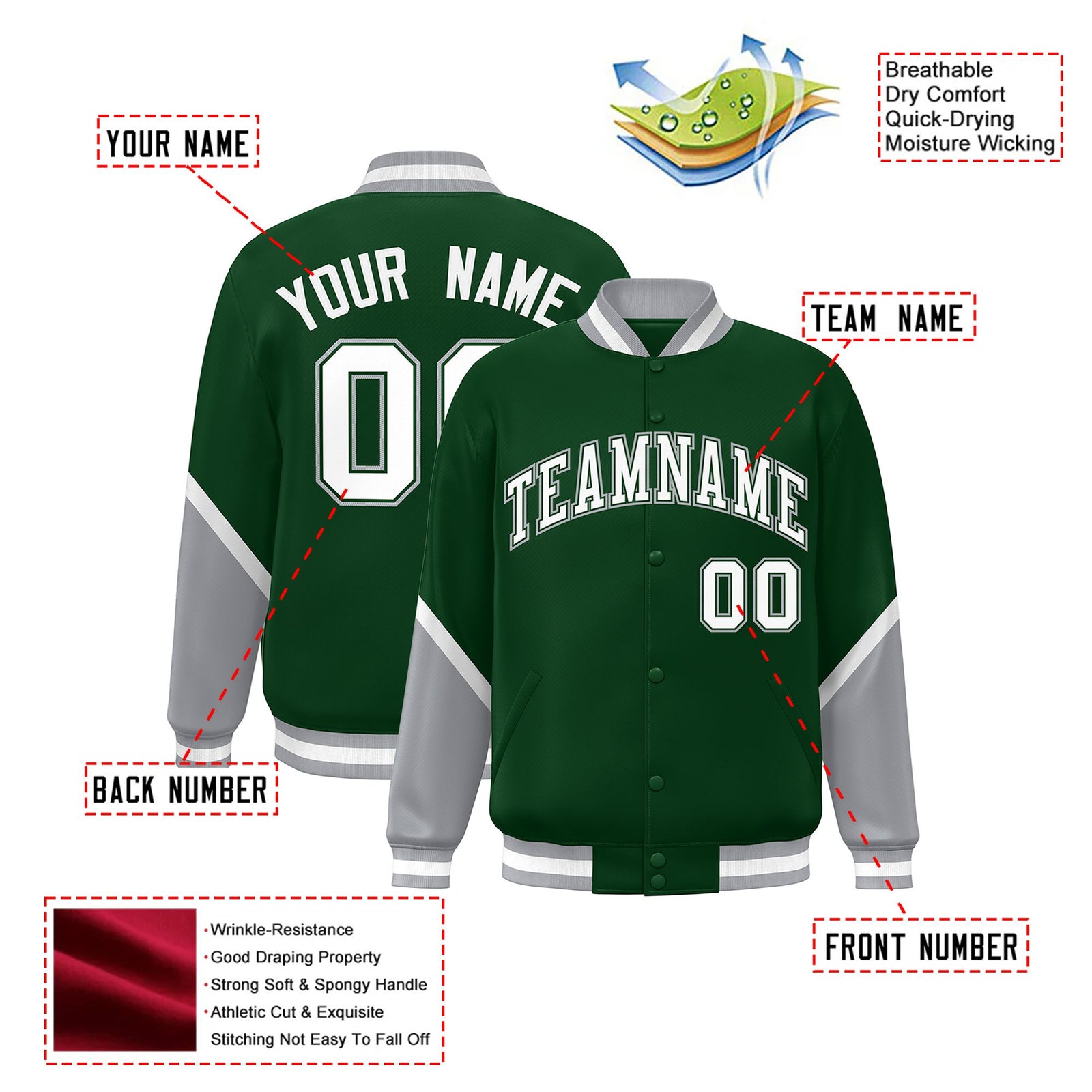 Custom Green Gray-White Varsity Full-Snap Color Block Letterman Jacket