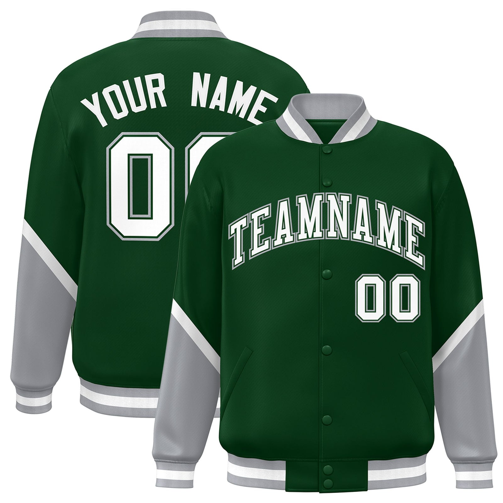 Custom Green Gray-White Varsity Full-Snap Color Block Letterman Jacket