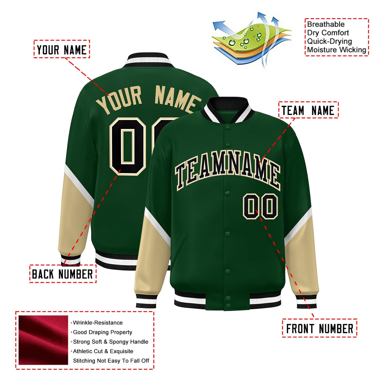 Custom Green Khaki-White Varsity Full-Snap Color Block Letterman Jacket