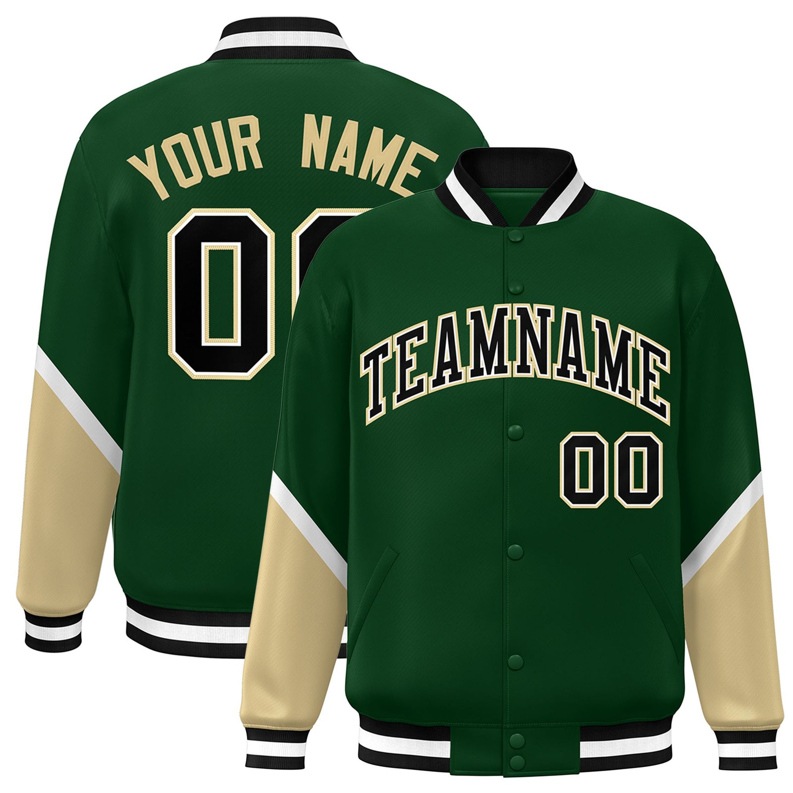 Custom Green Khaki-White Varsity Full-Snap Color Block Letterman Jacket