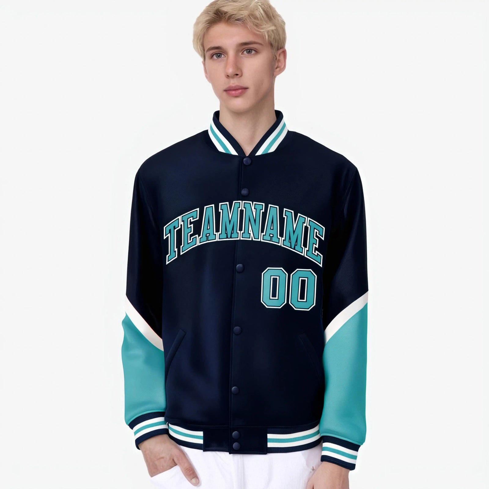 Custom Navy Aqua-White Varsity Full-Snap Color Block Letterman Jacket