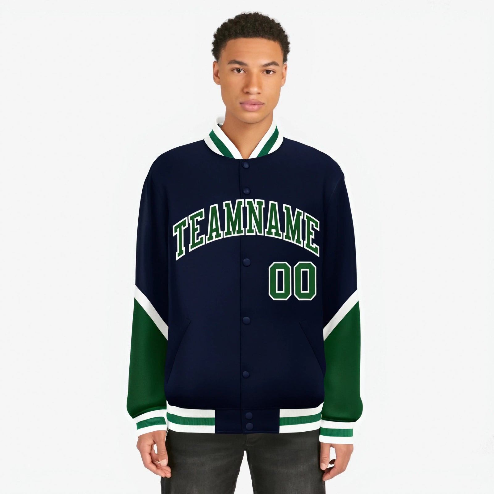 Custom Navy Green-White Varsity Full-Snap Color Block Letterman Jacket