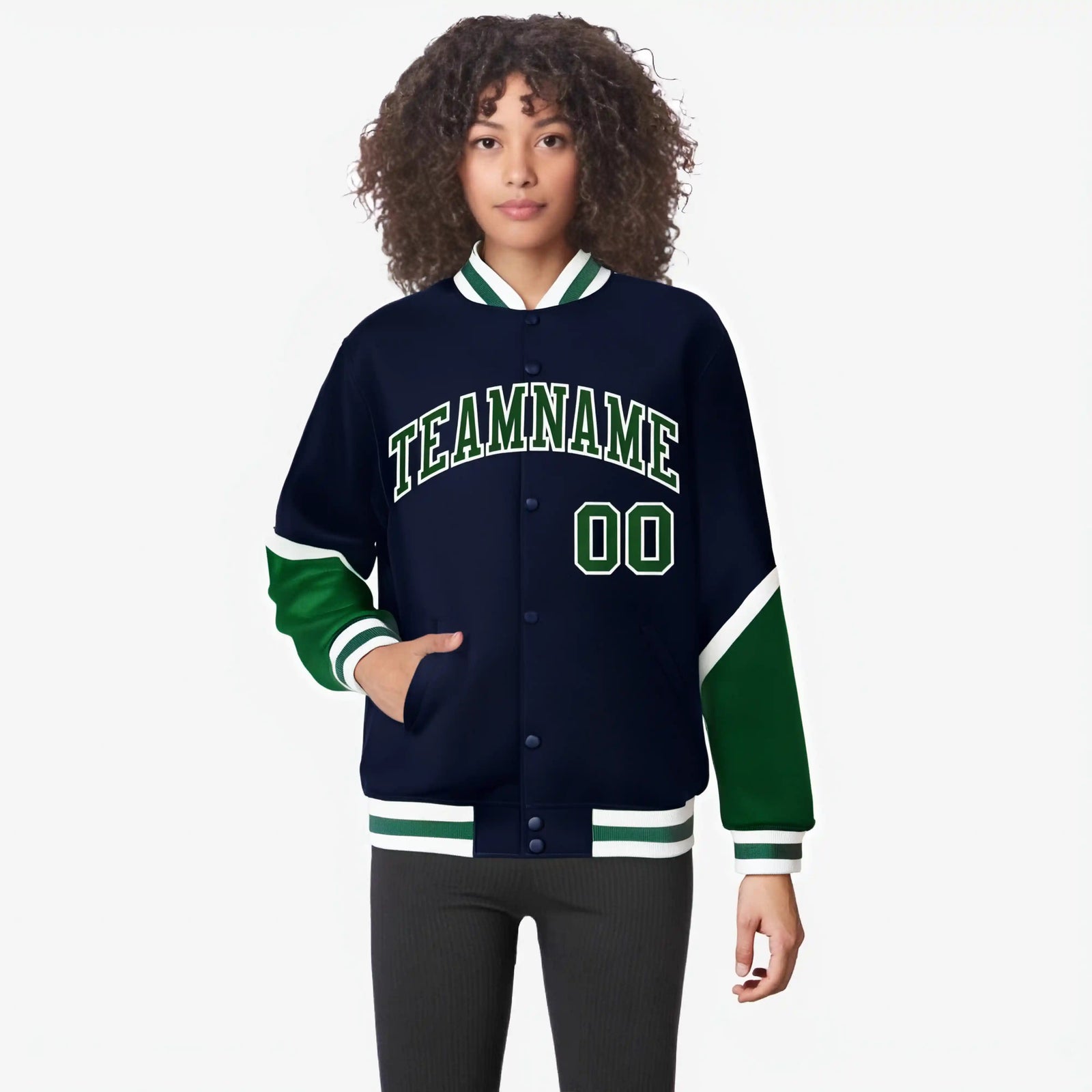 Custom Navy Green-White Varsity Full-Snap Color Block Letterman Jacket