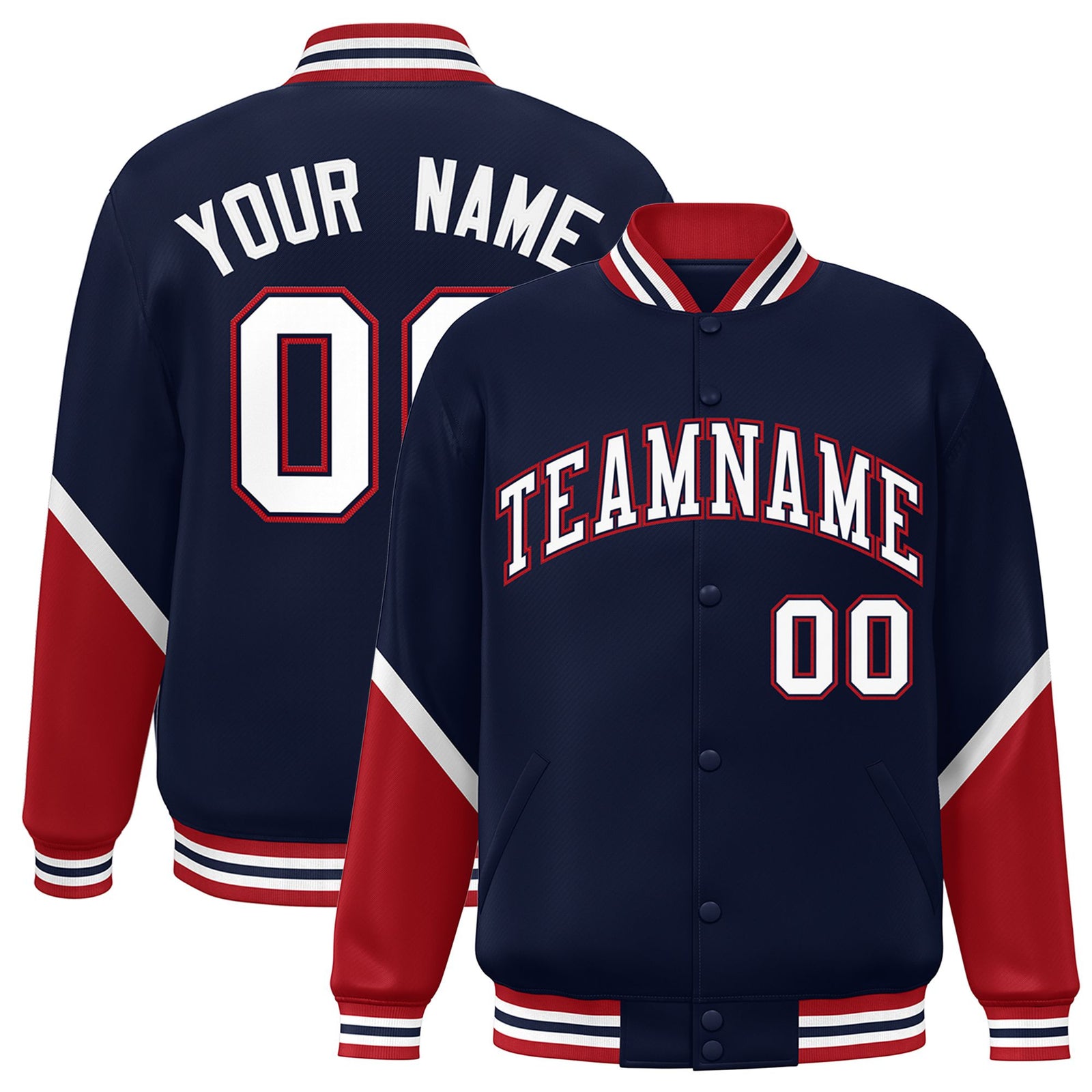 Custom Navy Red-White Varsity Full-Snap Color Block Letterman Jacket