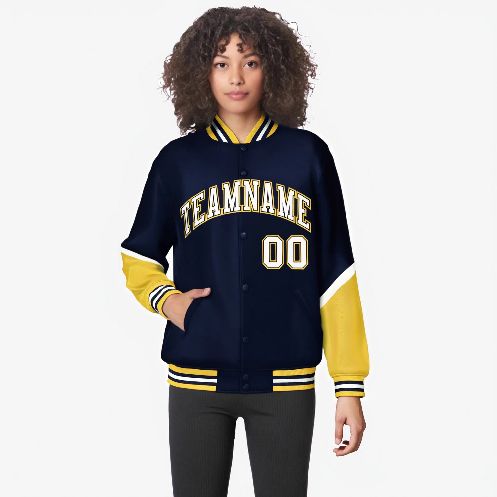 Custom Navy Gold-White Varsity Full-Snap Color Block Letterman Jacket
