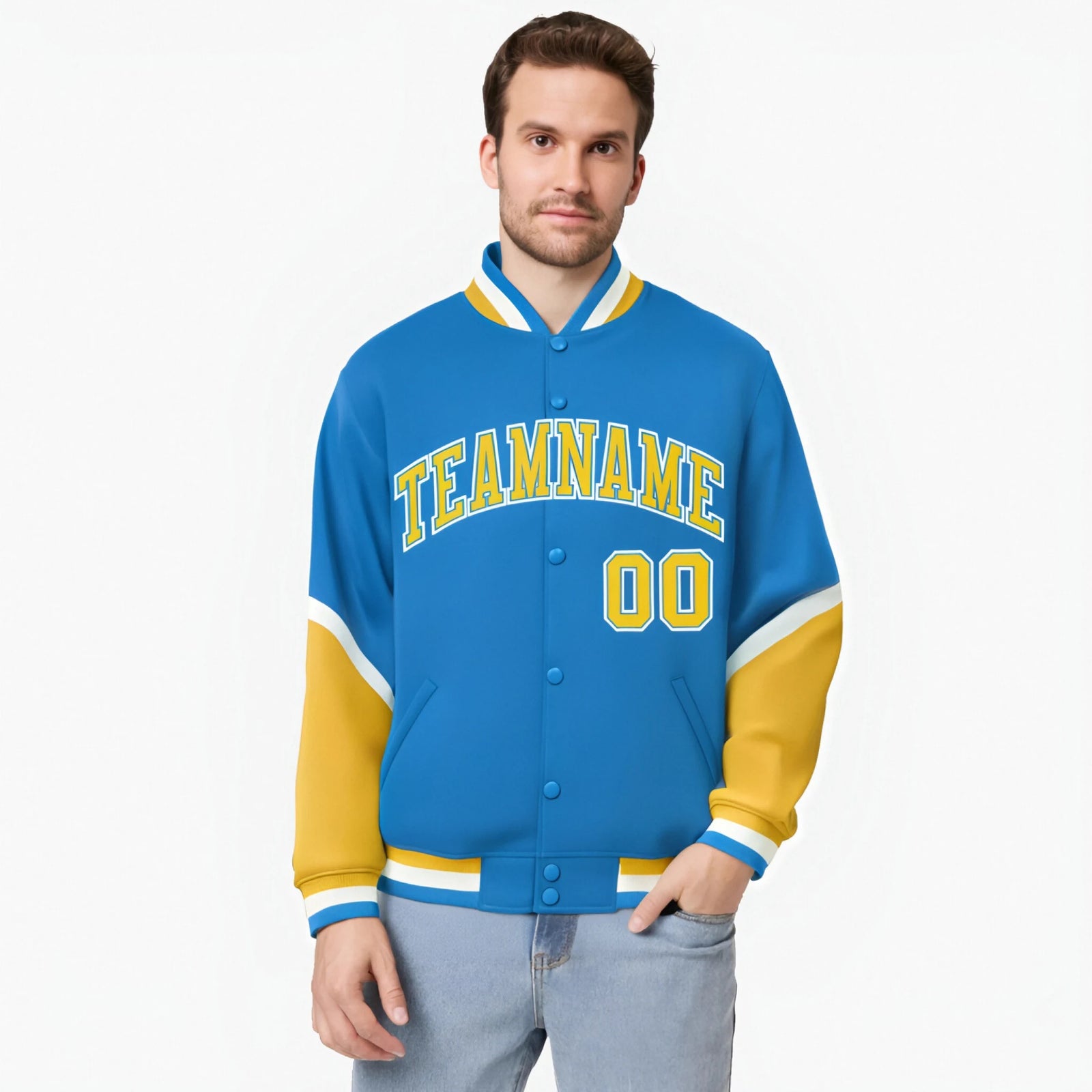 Custom Powder Blue Gold-White Varsity Full-Snap Color Block Letterman Jacket