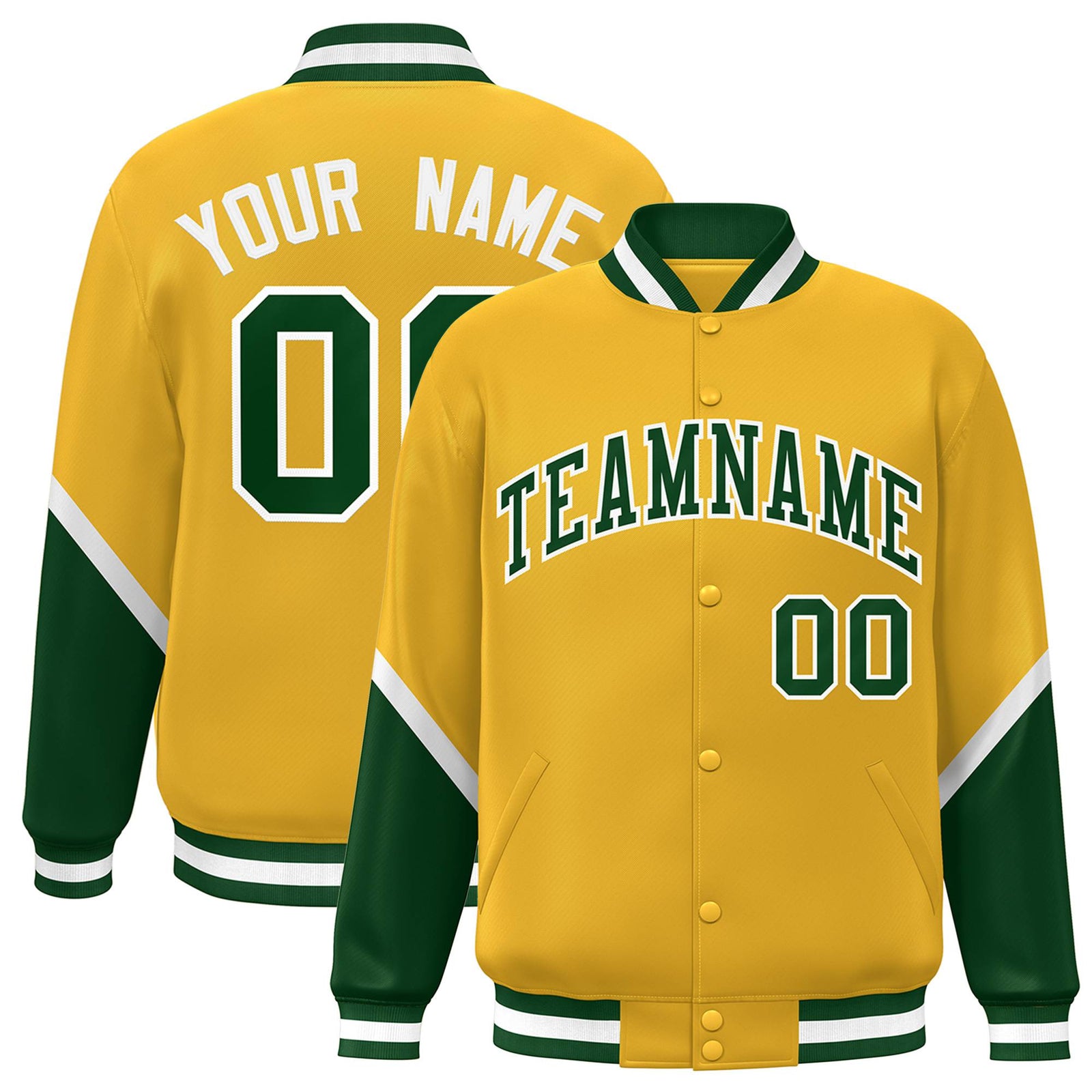 Custom Gold Green-White Varsity Full-Snap Color Block Letterman Jacket