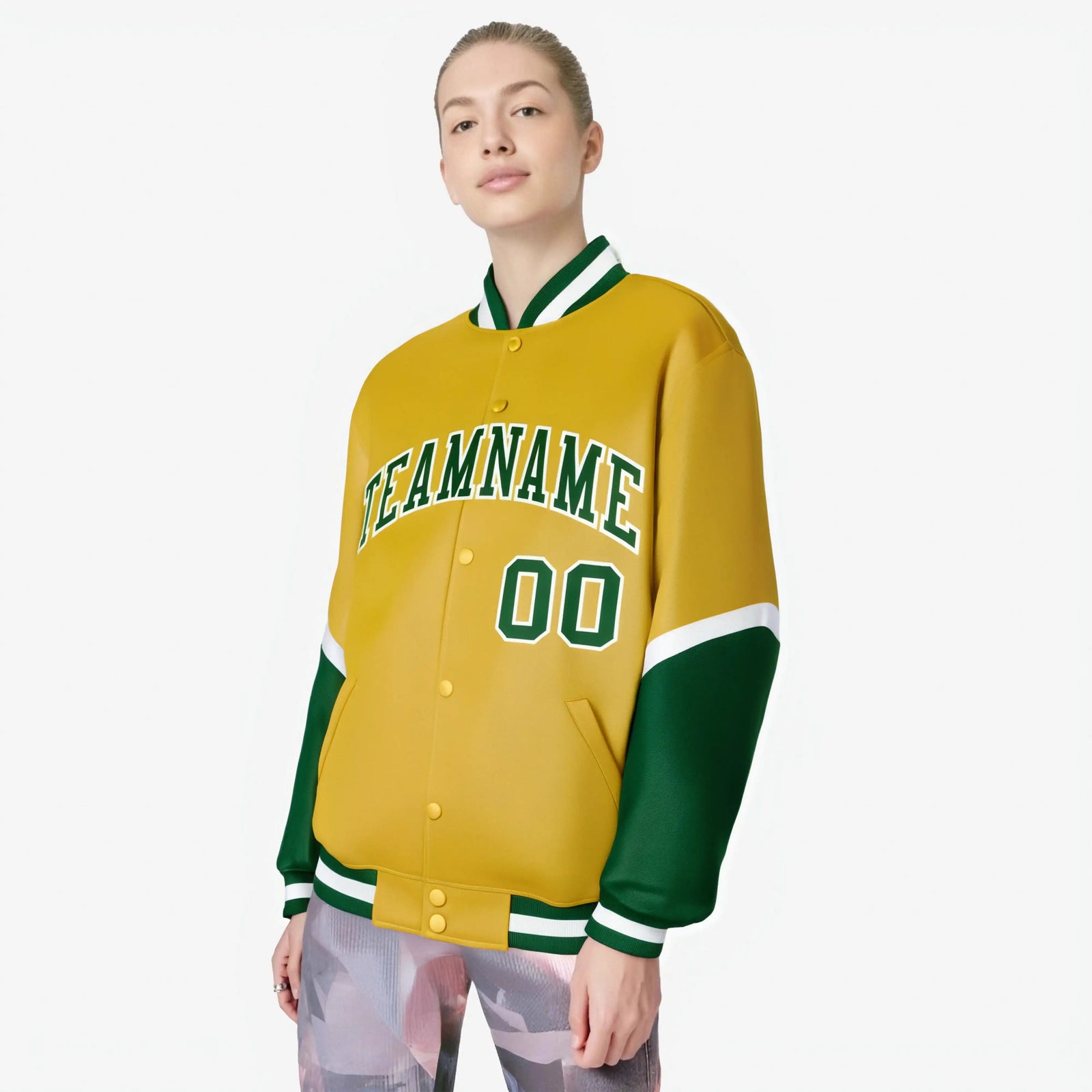 Custom Gold Green-White Varsity Full-Snap Color Block Letterman Jacket