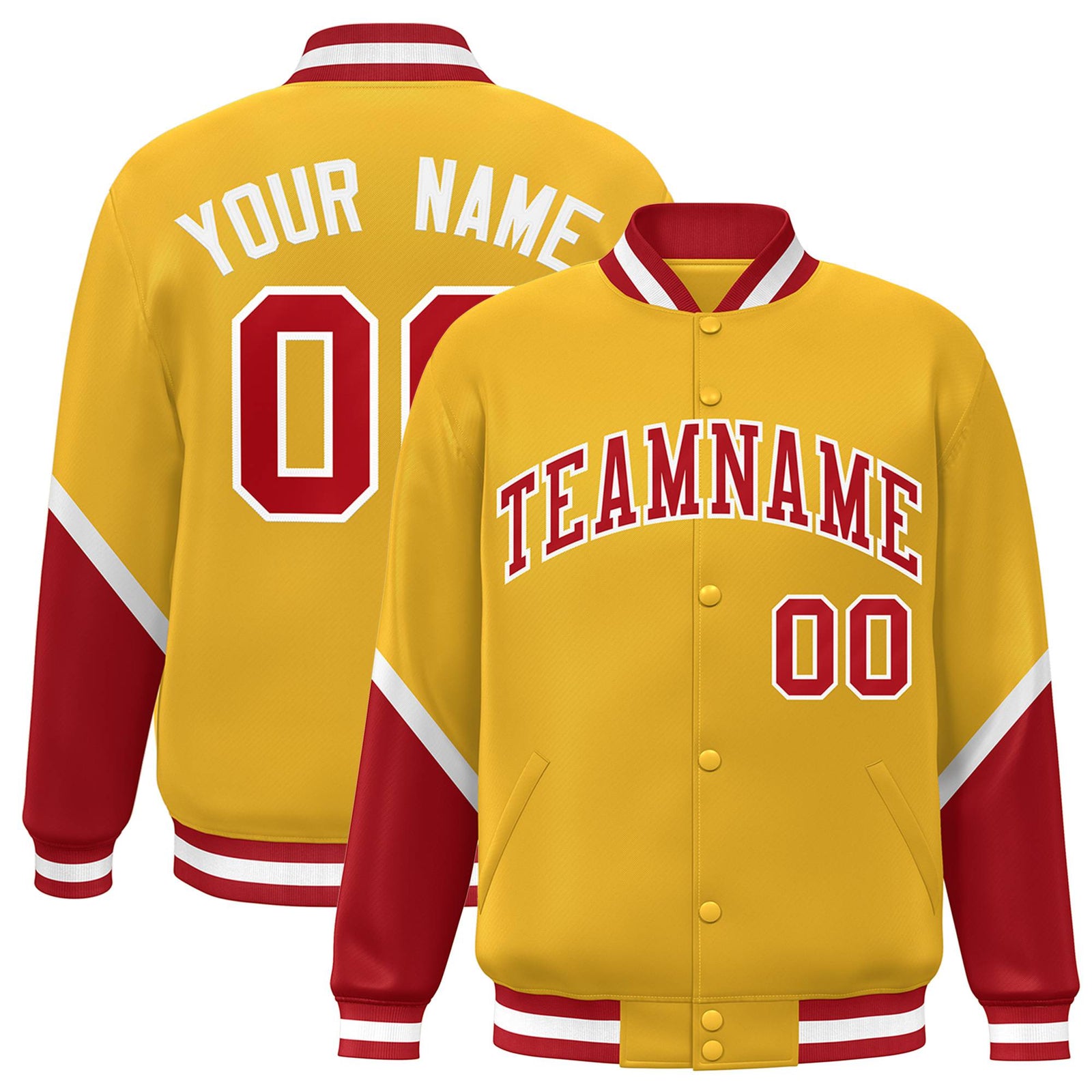 Custom Gold Red-White Varsity Full-Snap Color Block Letterman Jacket