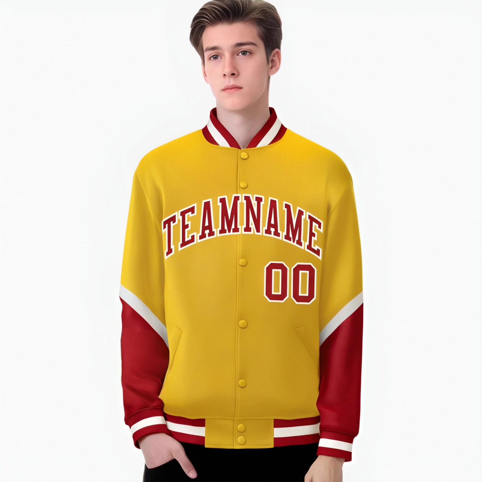Custom Gold Red-White Varsity Full-Snap Color Block Letterman Jacket