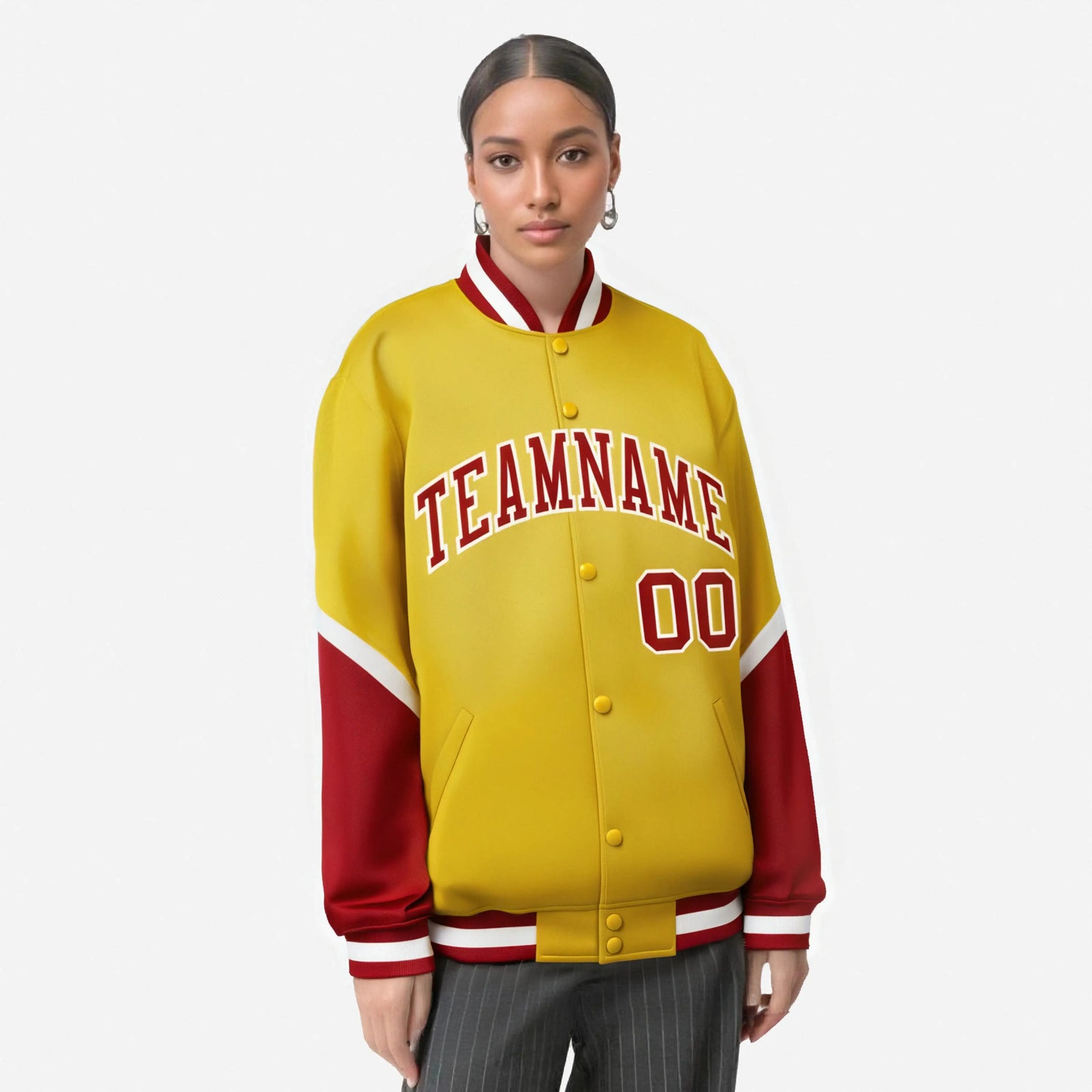 Custom Gold Red-White Varsity Full-Snap Color Block Letterman Jacket