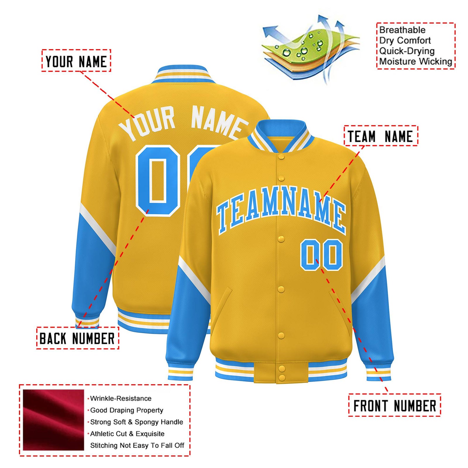 Custom Gold Powder Blue-White Varsity Full-Snap Color Block Letterman Jacket