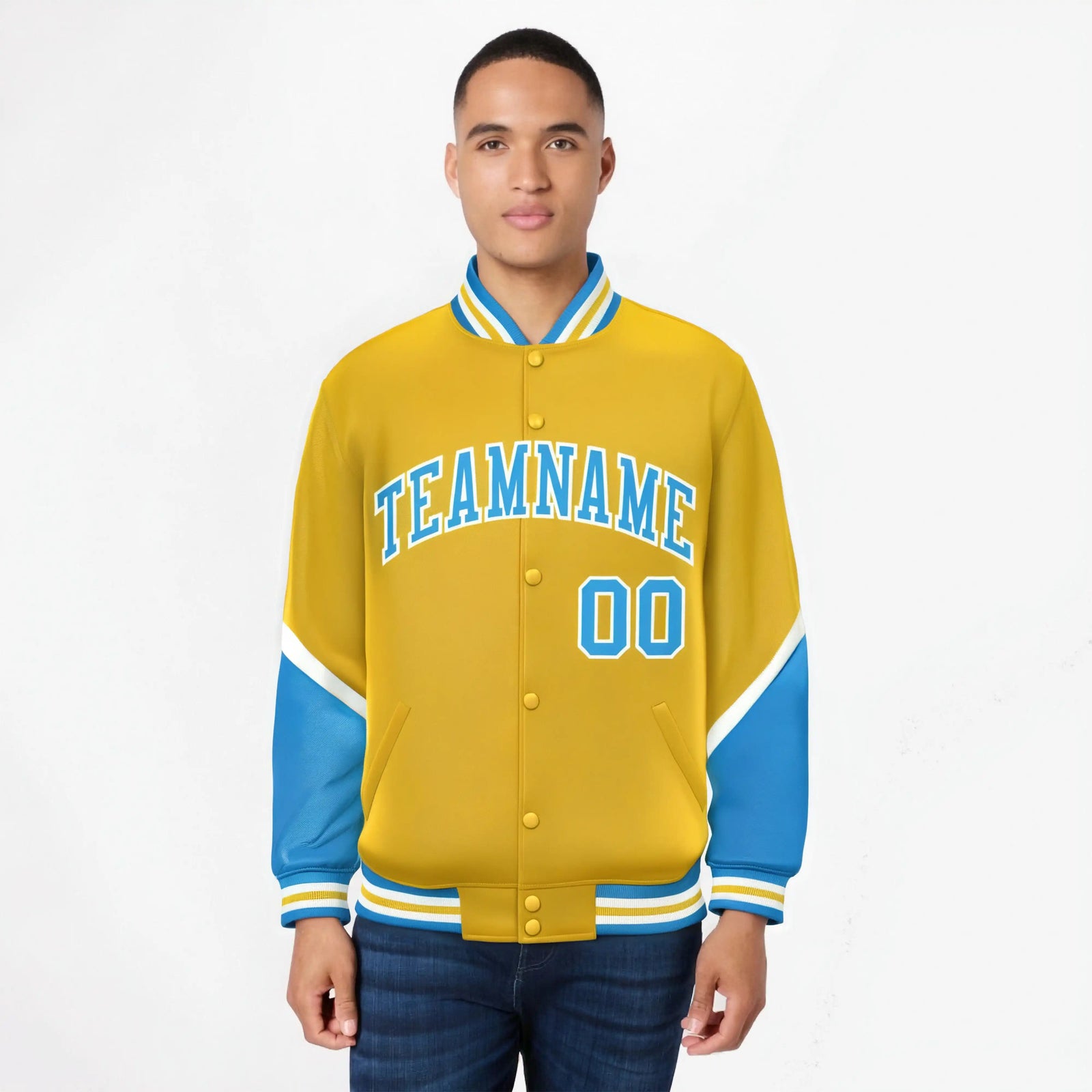 Custom Gold Powder Blue-White Varsity Full-Snap Color Block Letterman Jacket