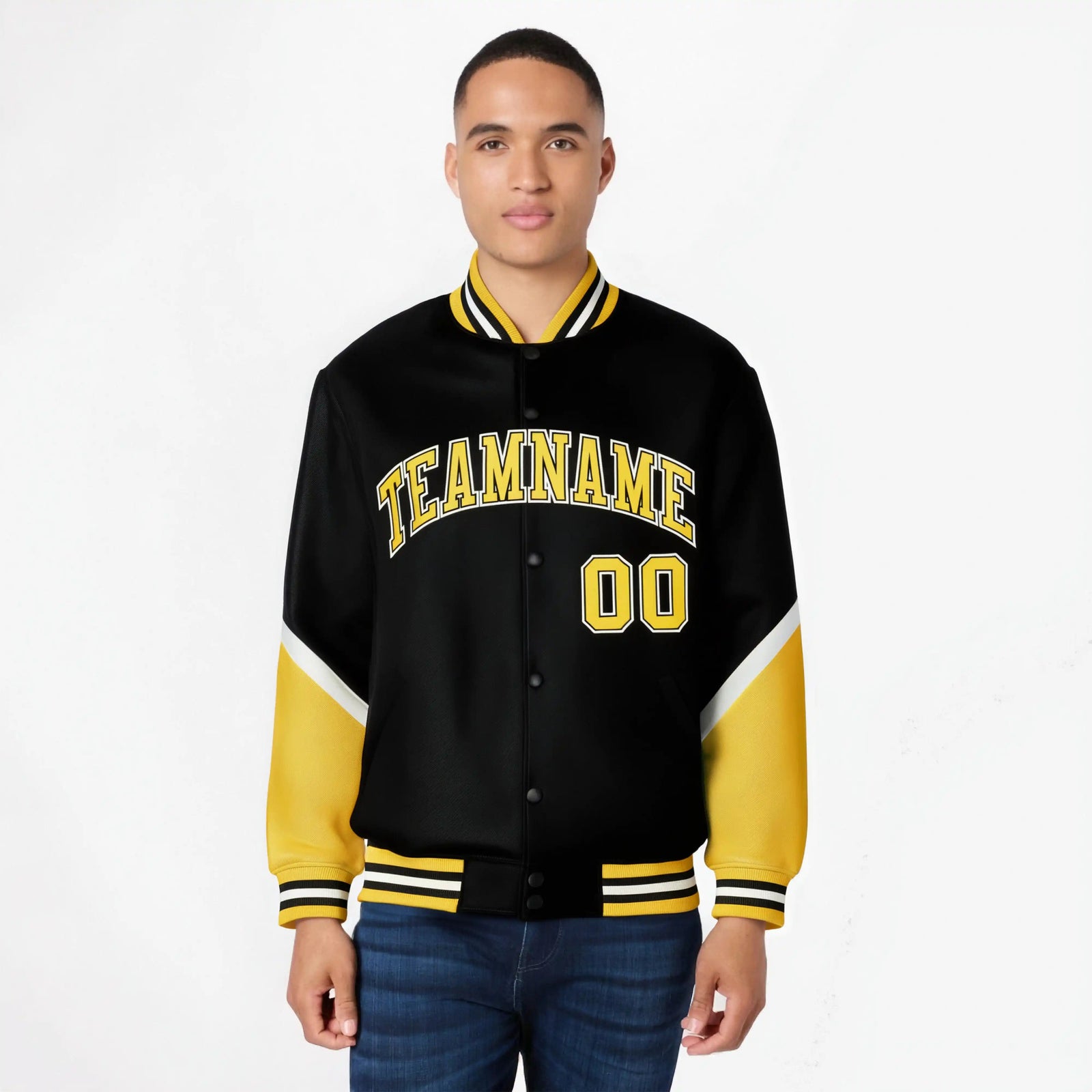 Custom Black Gold-White Varsity Full-Snap Color Block Letterman Jacket