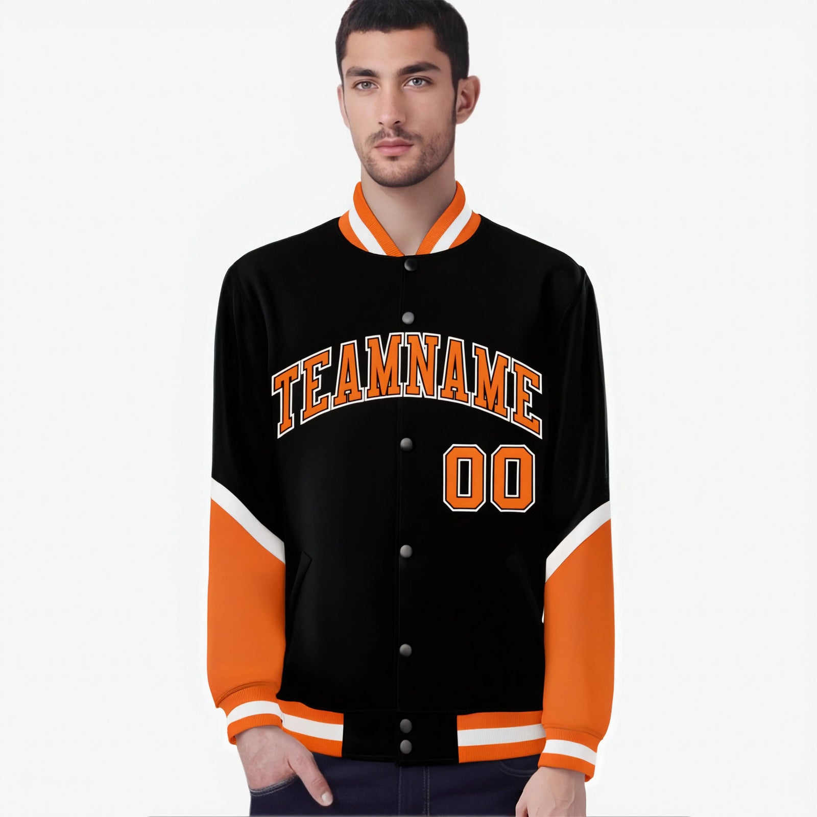 Custom Black Orange-White Varsity Full-Snap Color Block Letterman Jacket
