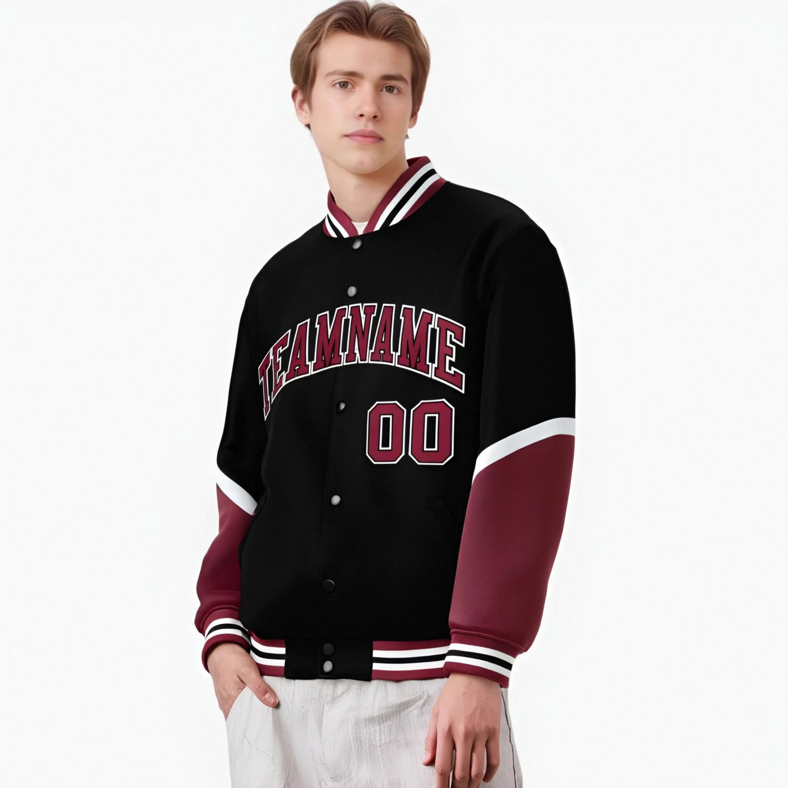 Custom Black Crimson-White Varsity Full-Snap Color Block Letterman Jacket
