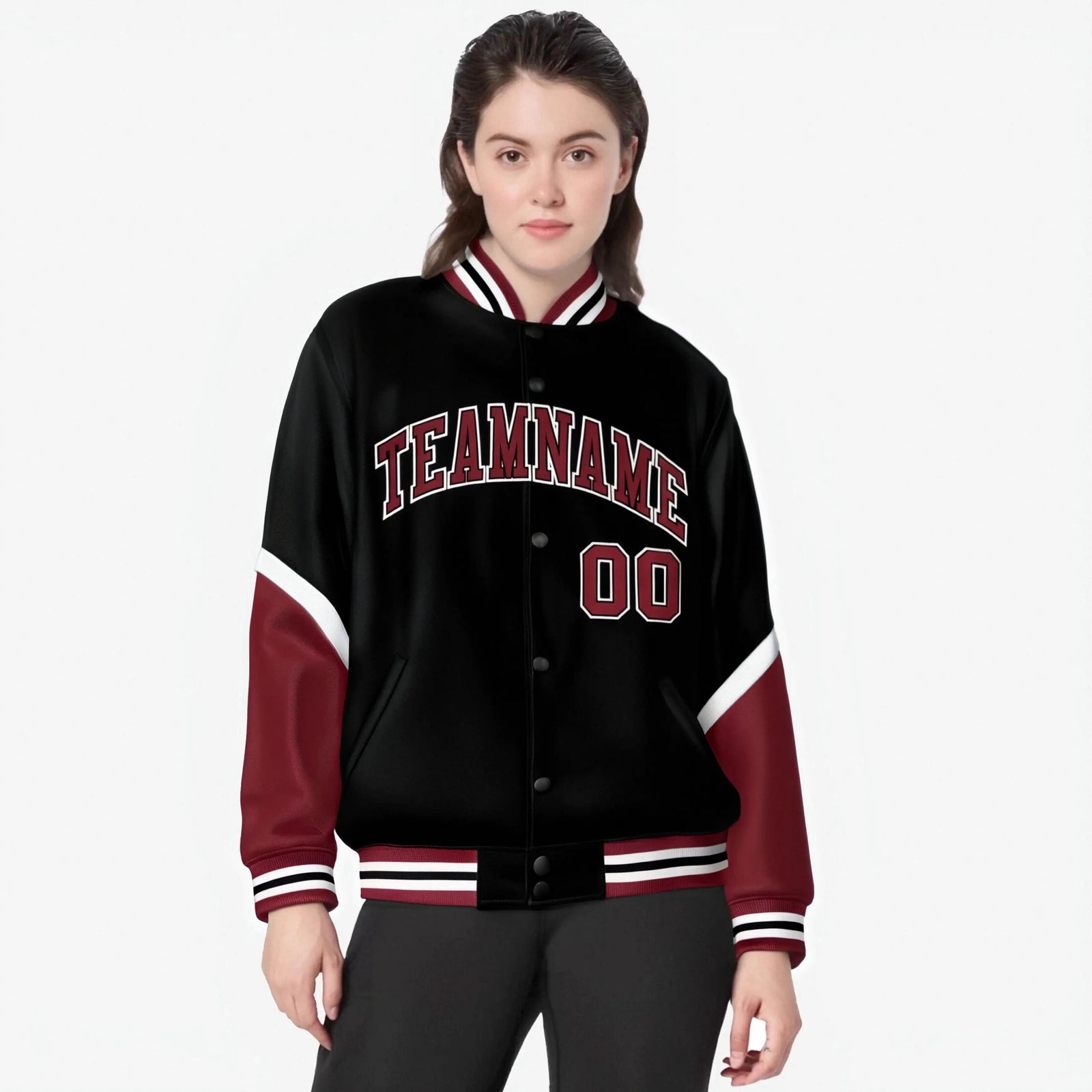 Custom Black Crimson-White Varsity Full-Snap Color Block Letterman Jacket