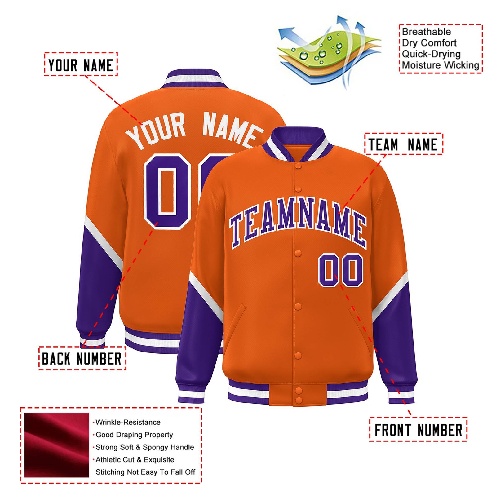 Custom Orange Purple-White Varsity Full-Snap Color Block Letterman Jacket