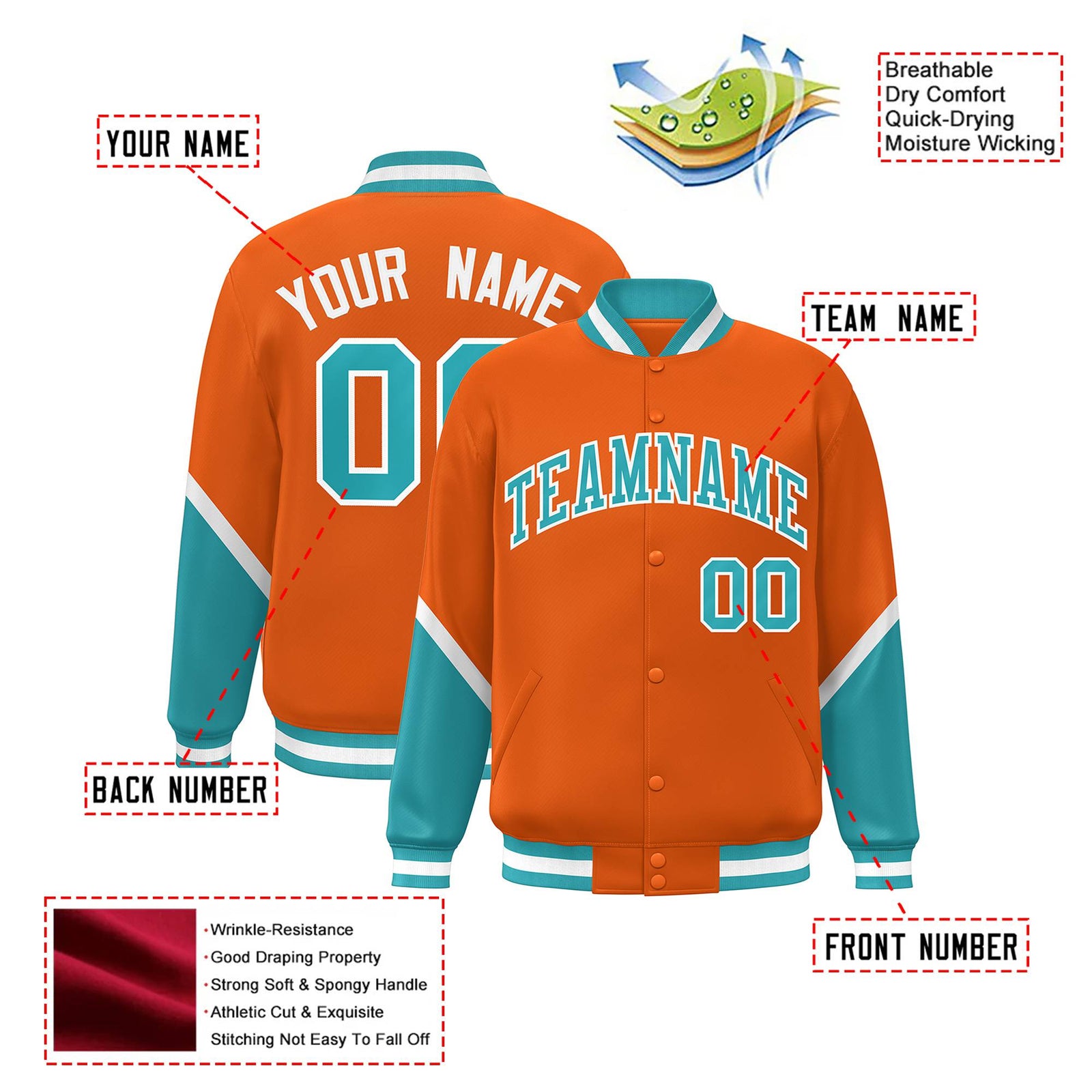 Custom Orange Aqua-White Varsity Full-Snap Color Block Letterman Jacket