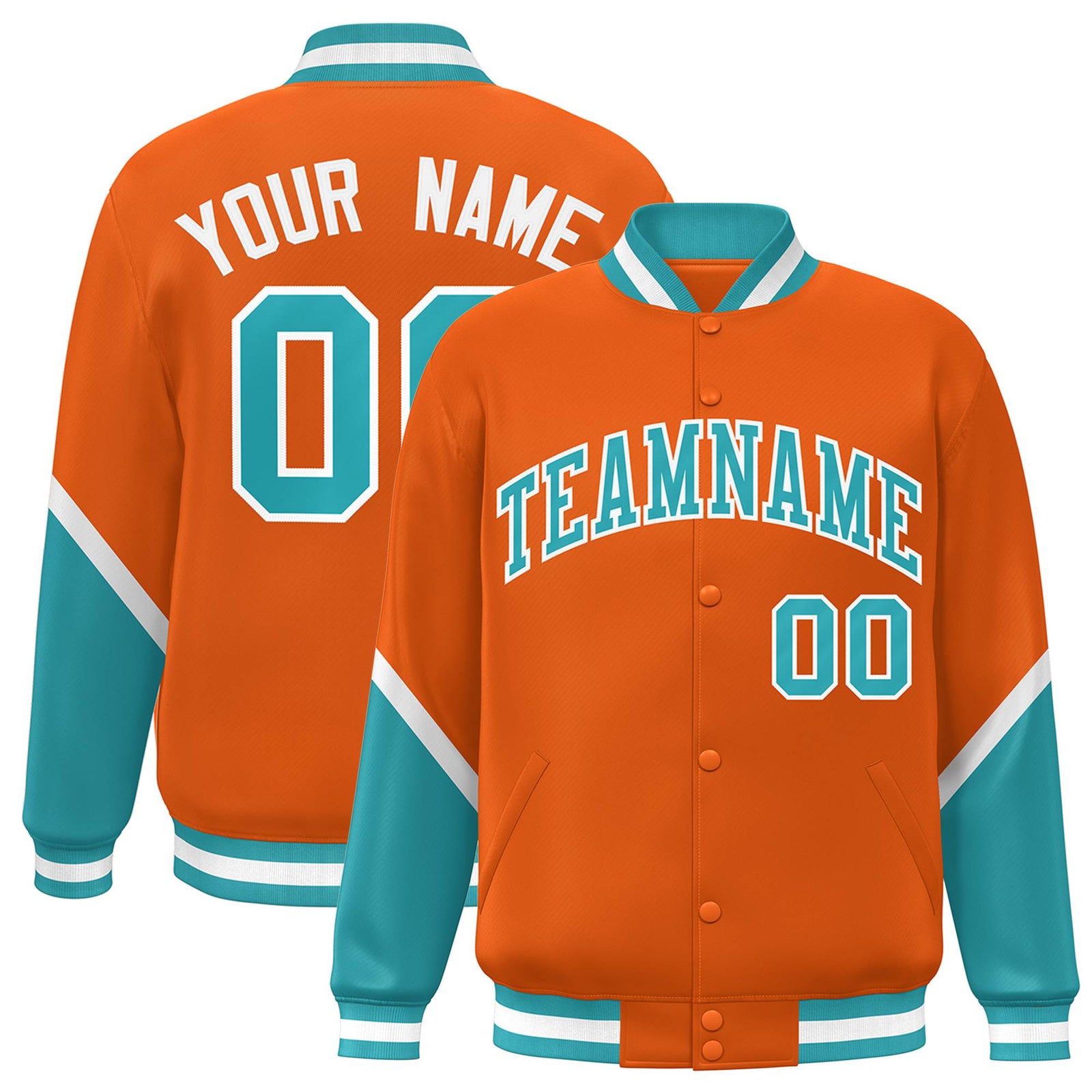 Custom Orange Aqua-White Varsity Full-Snap Color Block Letterman Jacket