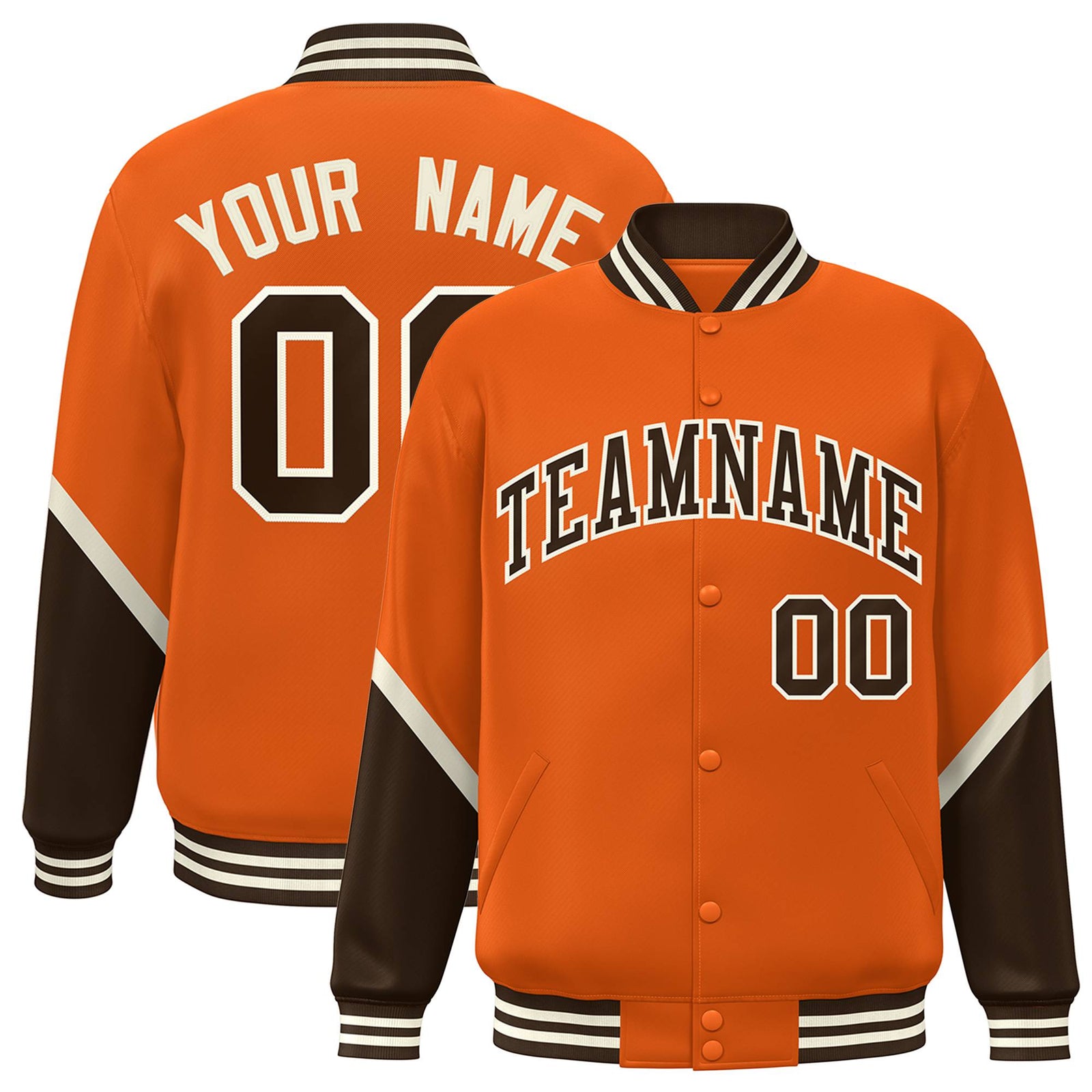Custom Orange Brown-White Varsity Full-Snap Color Block Letterman Jacket